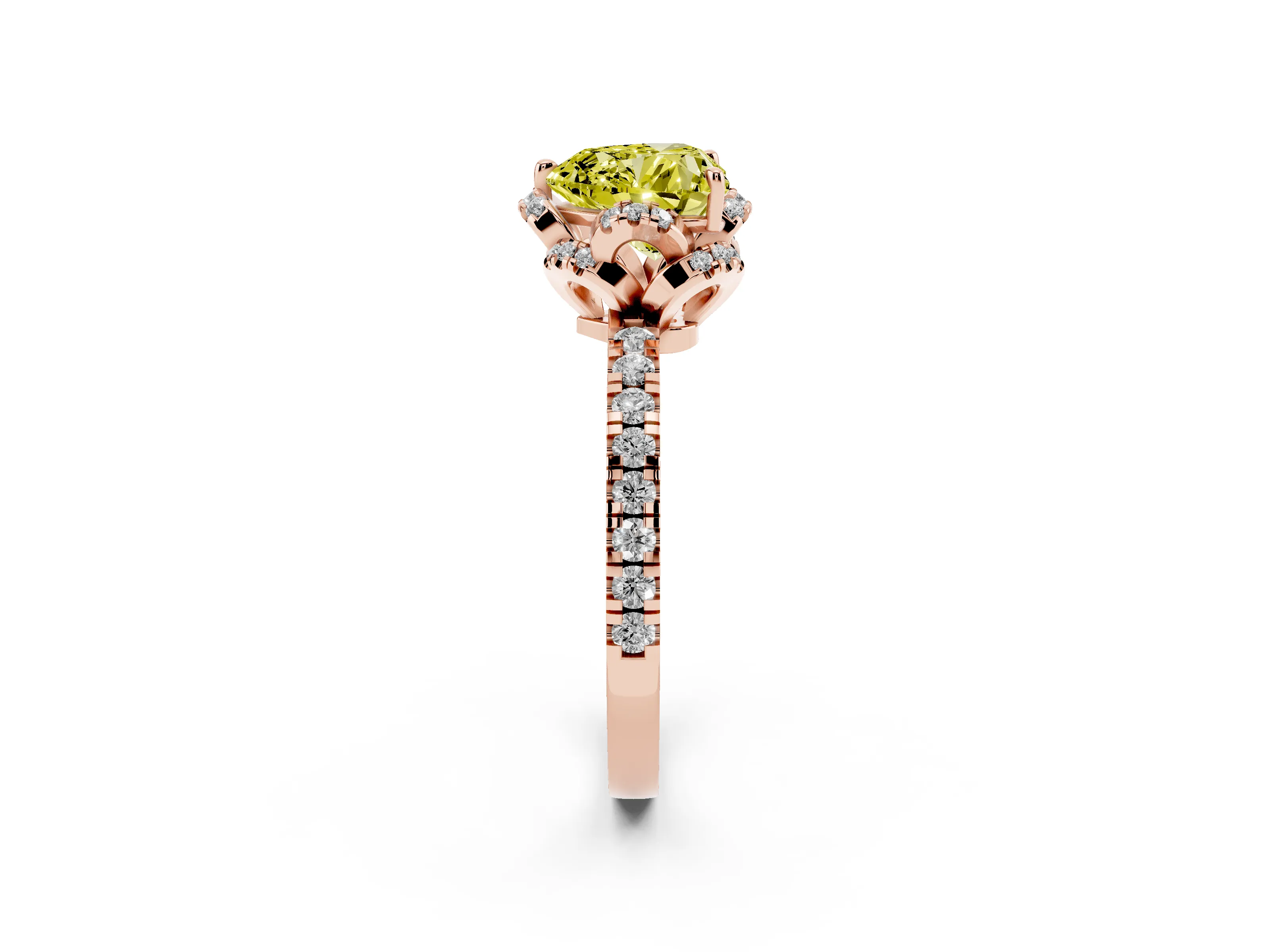 Fancy Yellow Heart Cut Diamond Halo Pavé Band Ring Set in Rose gold with Prong-Held Center