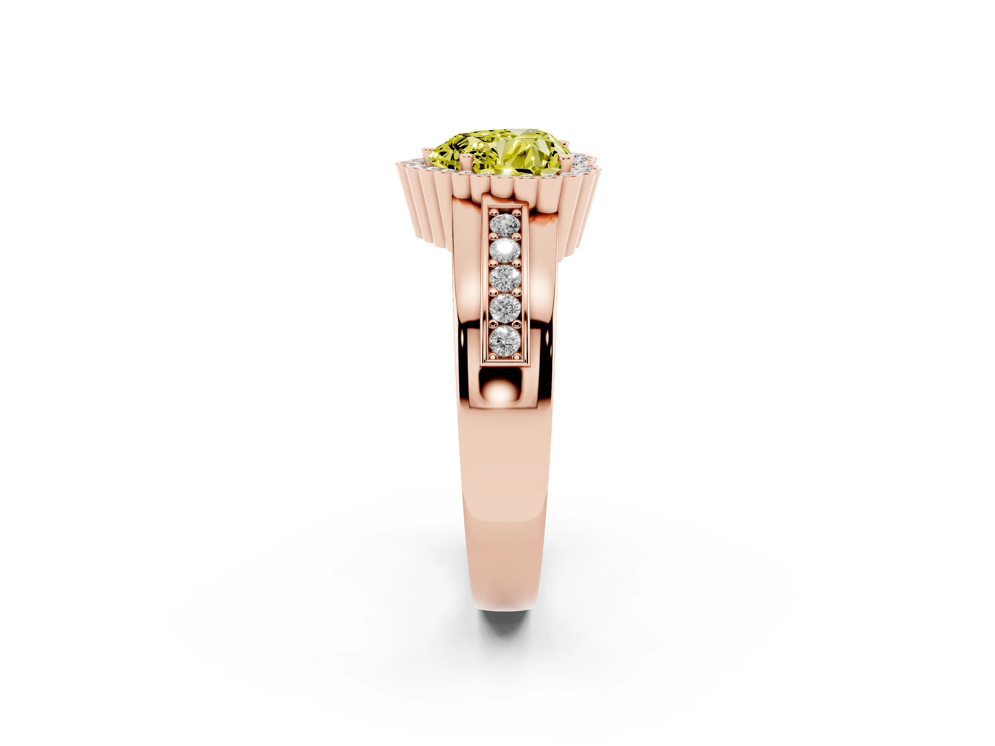 Fancy Yellow Heart Cut Diamond Halo Prong Ring Set in Rose gold with Pavé Band