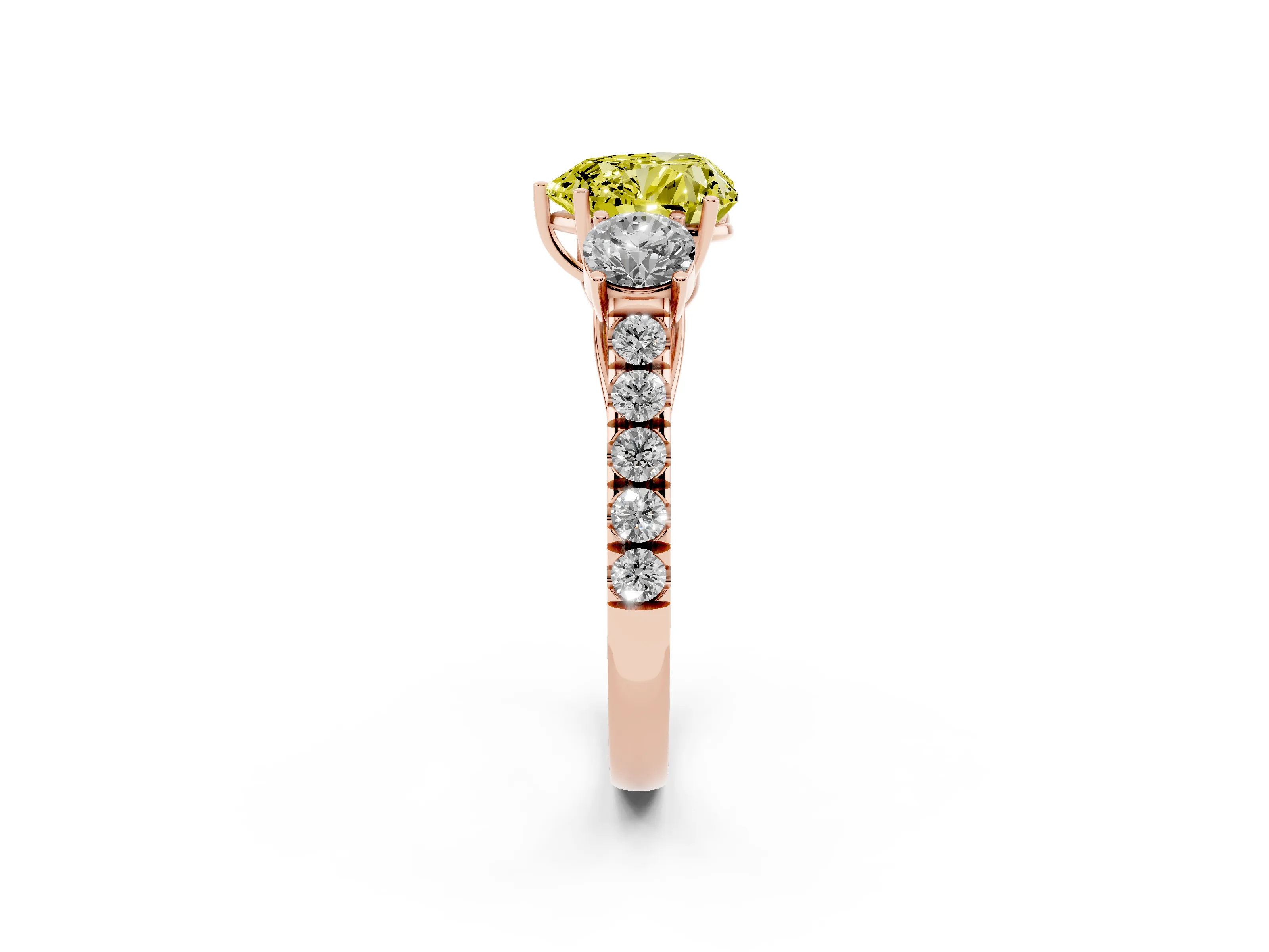 Fancy Yellow Heart Cut Diamond Three-Stone Ring Set in Rose gold with Round Side Stones and Delicate Pavé Band