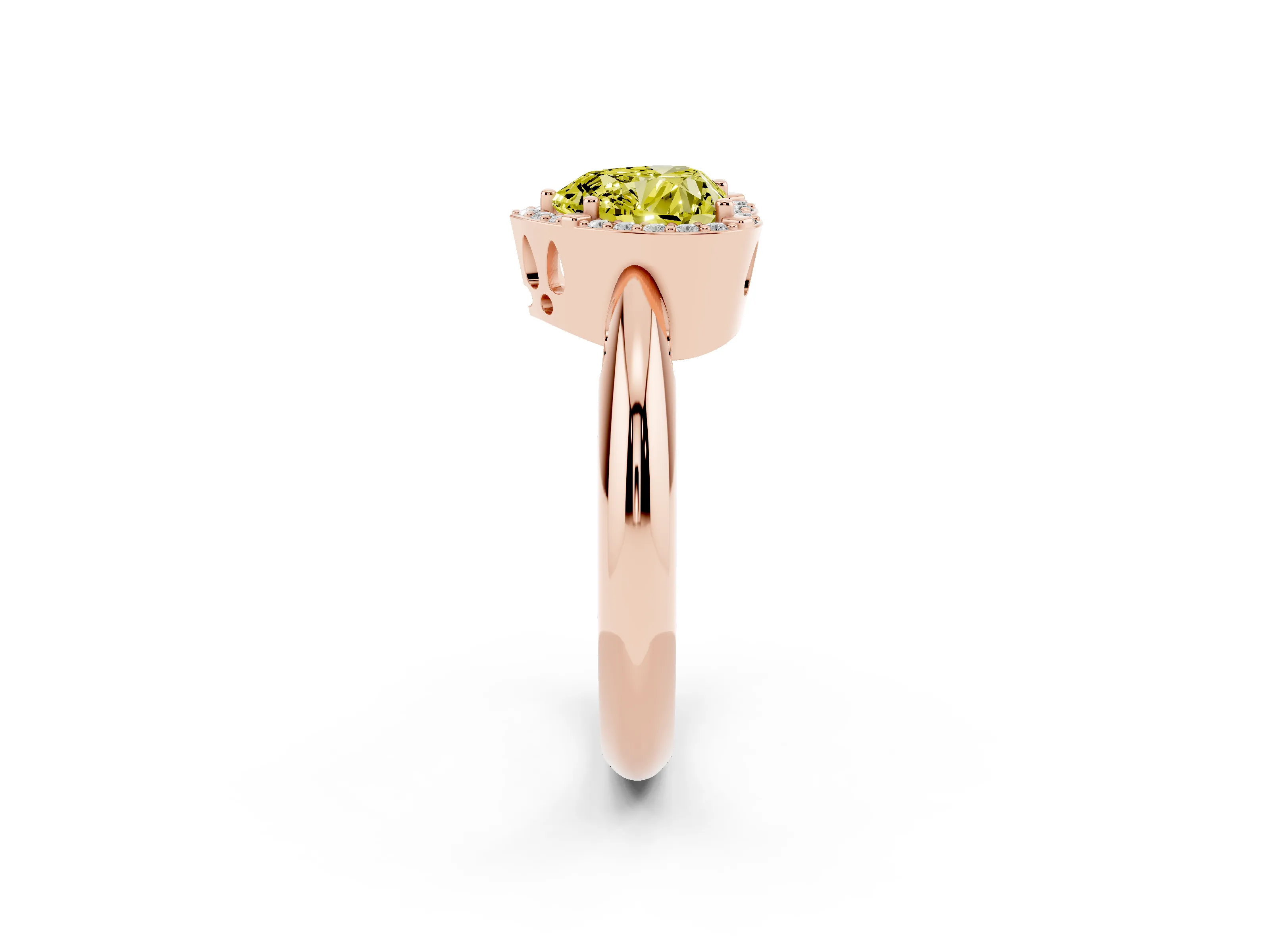 Fancy Yellow Heart Cut Diamond Halo Engagement Ring Set in Rose gold with Plain Split Shank and Prong Setting