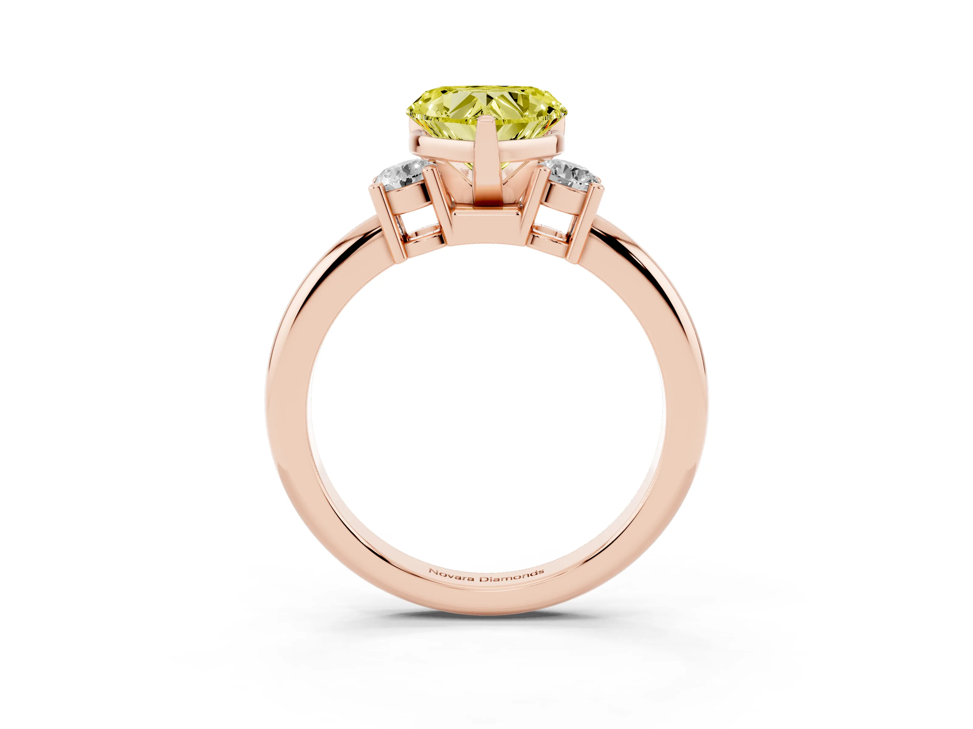 Fancy Yellow Three-Stone Heart Cut Diamond Ring Set in Rose gold with Prong Setting and Plain Band