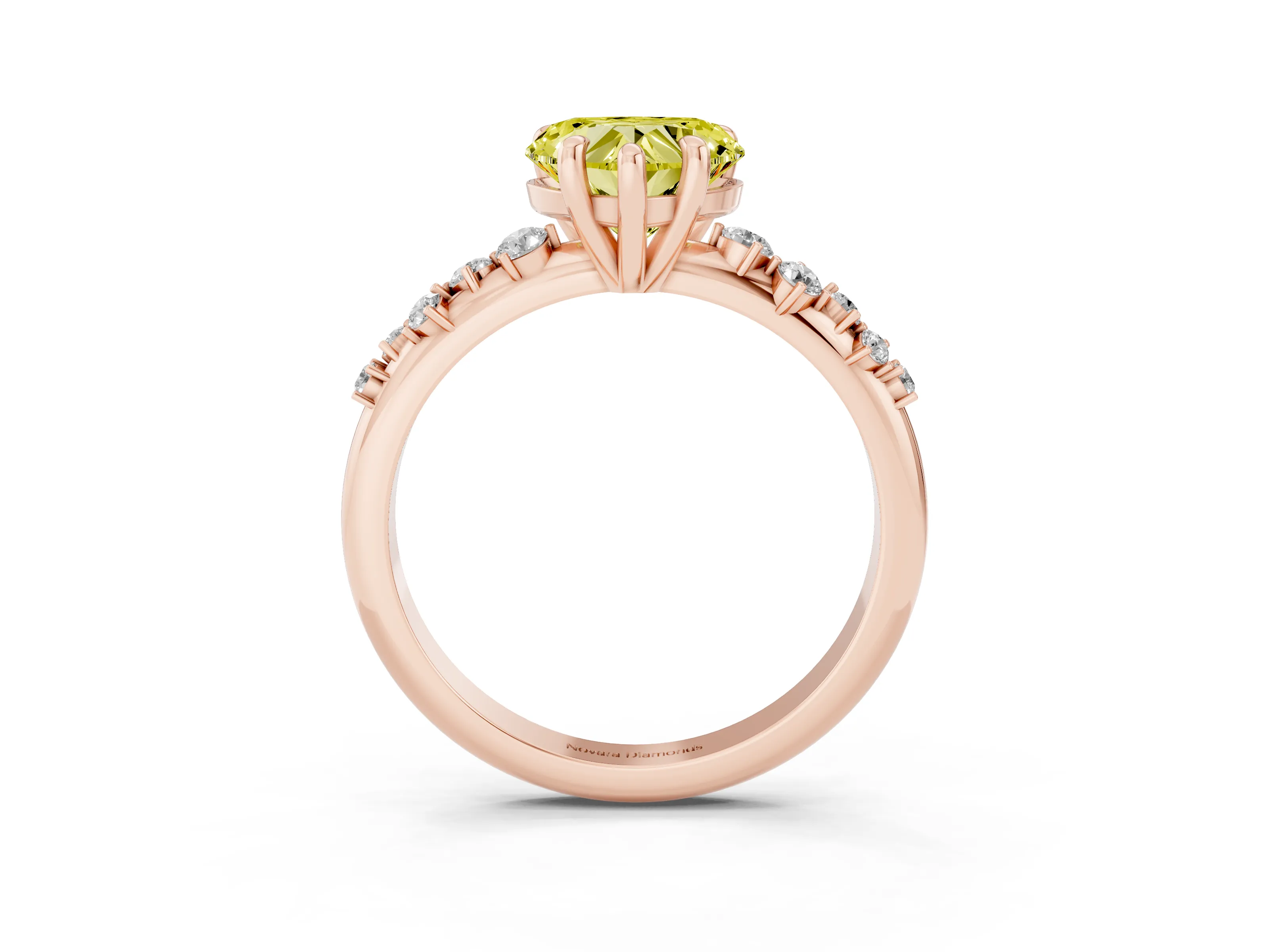Fancy Yellow Heart Cut Diamond Solitaire Vine Band Ring Set in Rose gold with Round Accents and Prong Setting