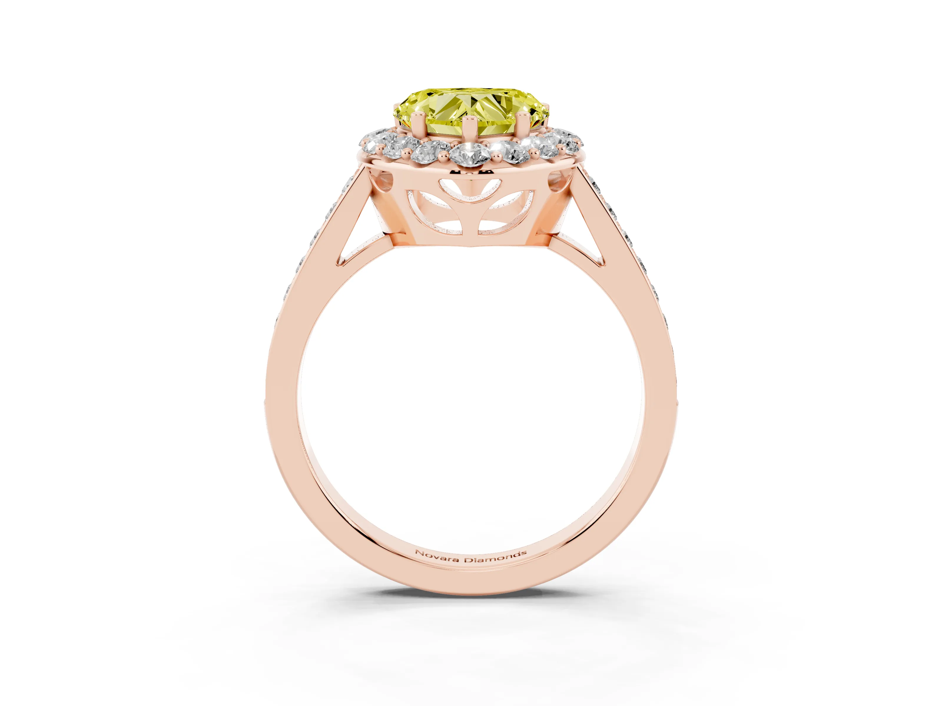 Fancy Yellow Heart Cut Diamond Floral Halo Ring Set in Rose gold with Pavé Band and Prong Setting