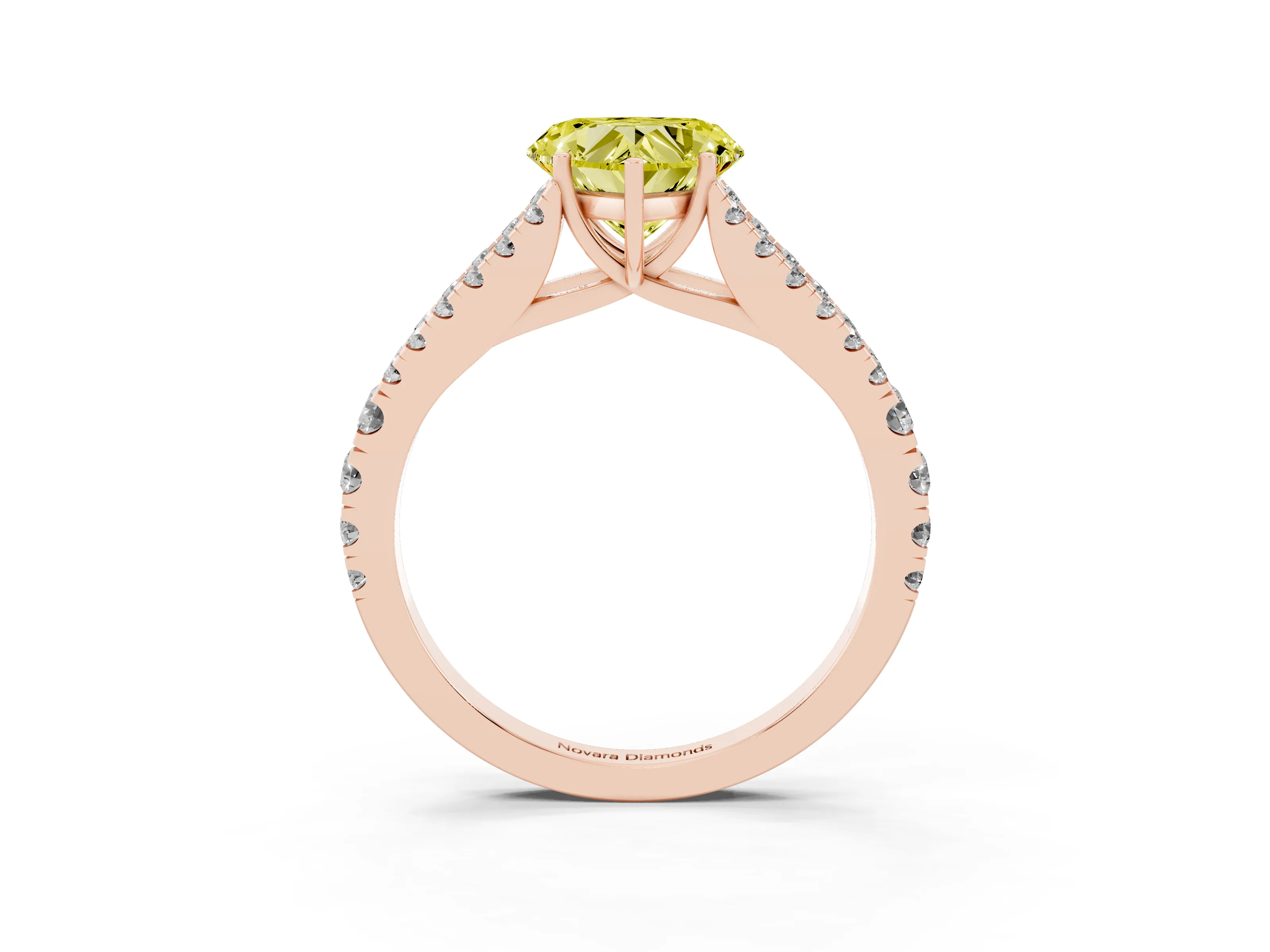 Fancy Yellow Heart Cut Diamond Split Shank Pavé Engagement Ring Set in Rose gold with Prong-Held Center Stone