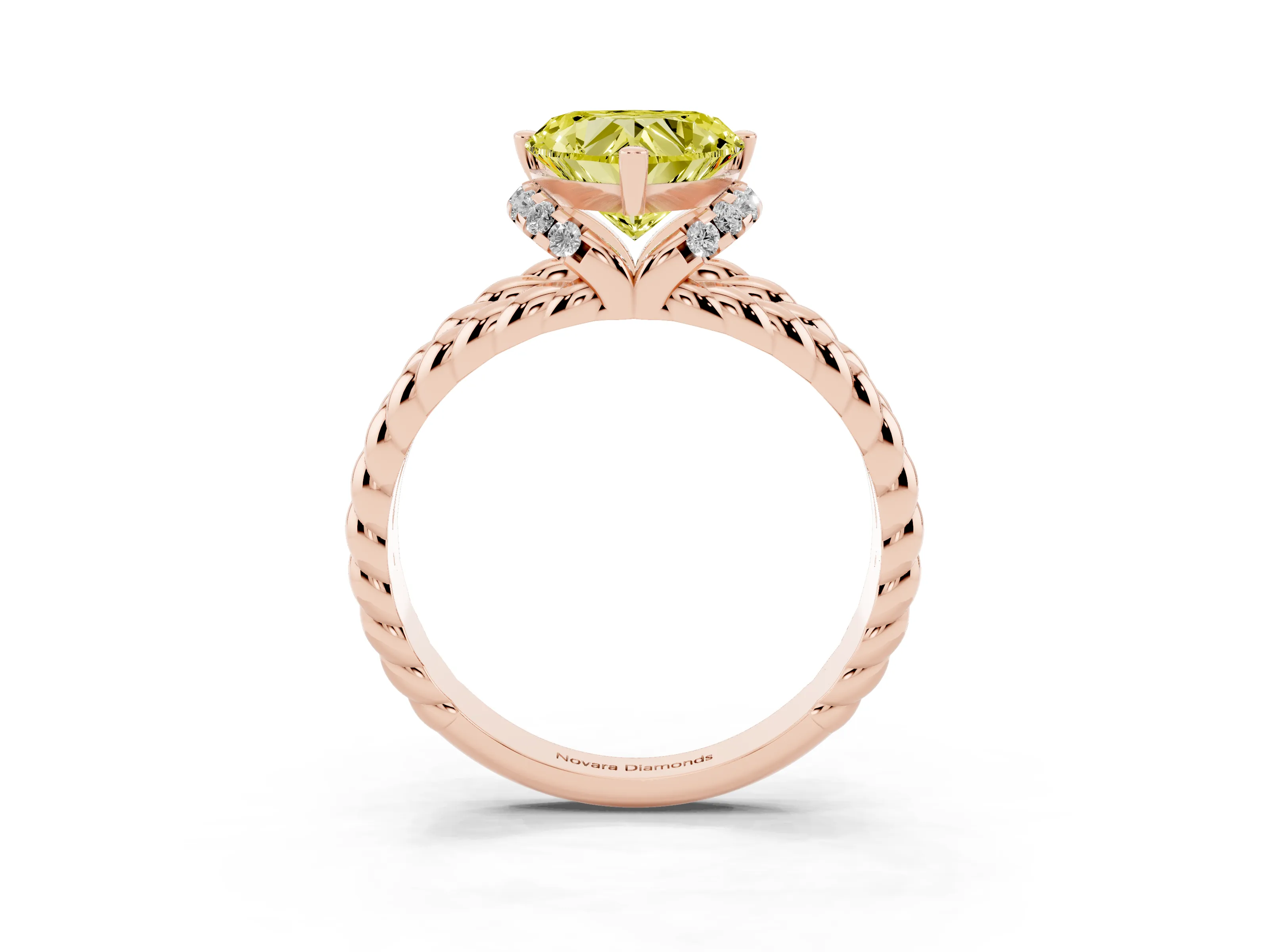 Fancy Yellow Heart Cut Diamond Halo Ring Set in Rose gold with Twisted Band and Prong Setting