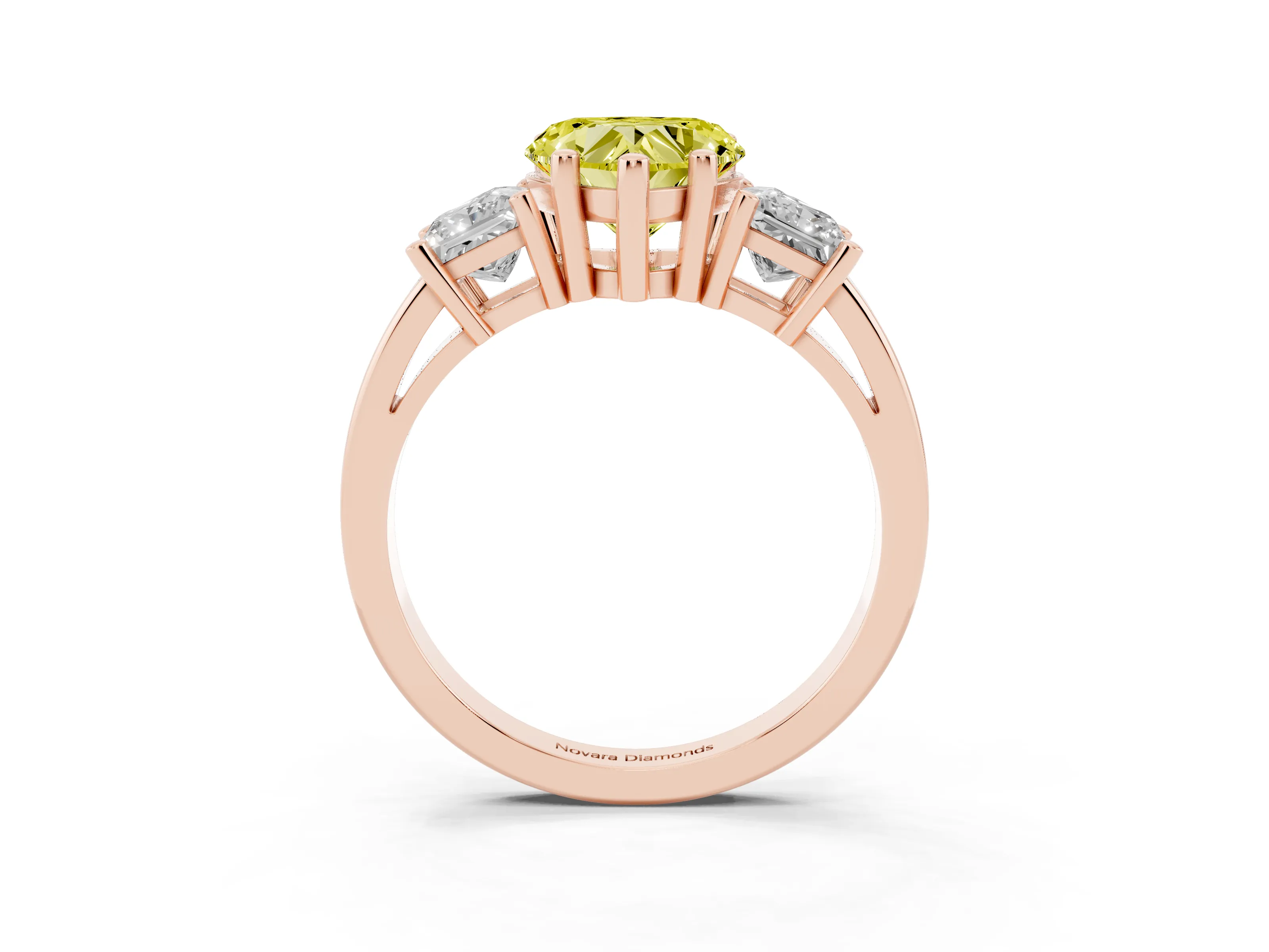 Fancy Yellow Three-Stone Heart Cut Diamond Solitaire Ring Set in Rose gold with Prong Setting