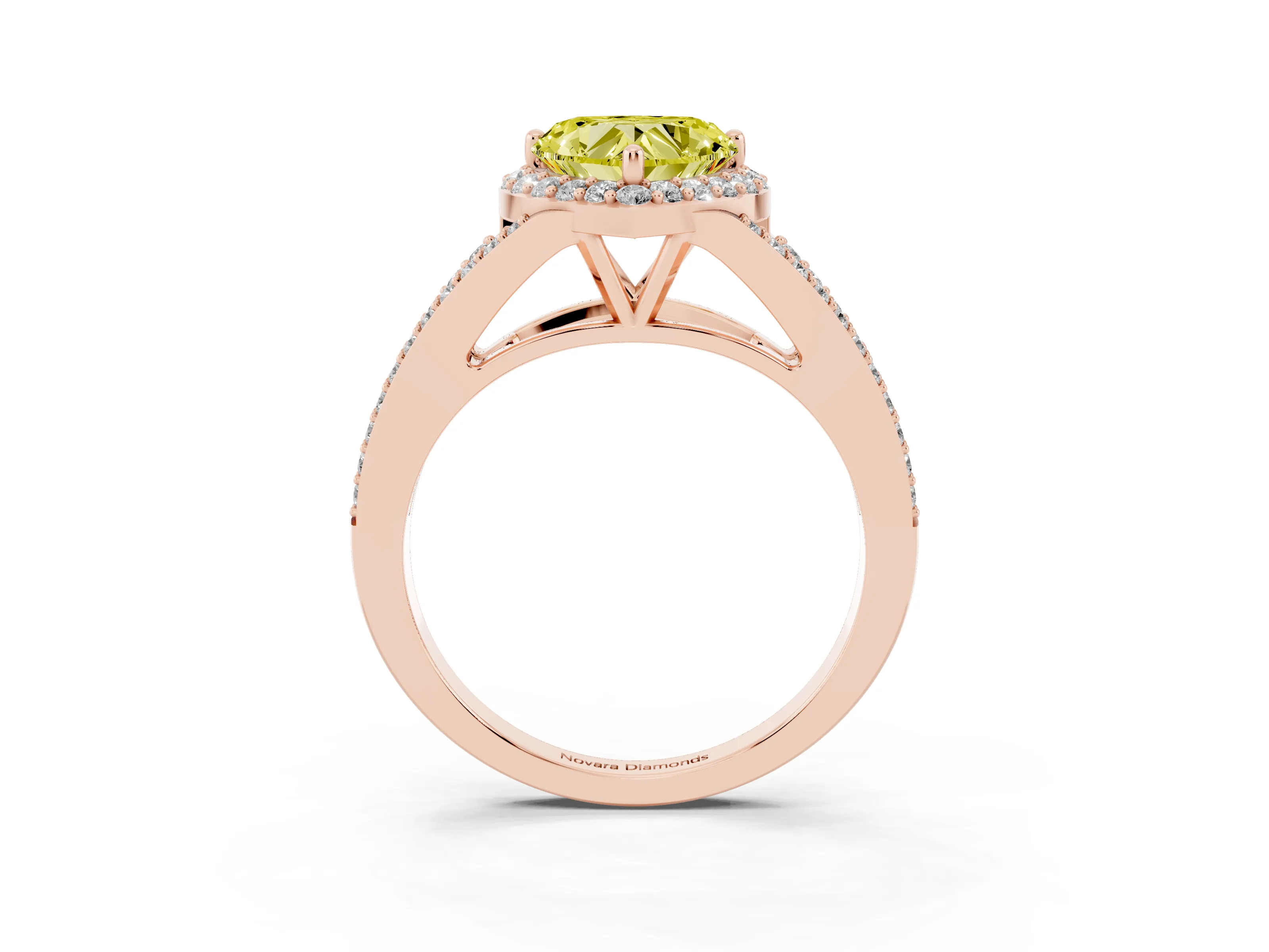 Fancy Yellow Heart Cut Diamond Halo Split Shank Pavé Ring Set in Rose gold with Prong Setting