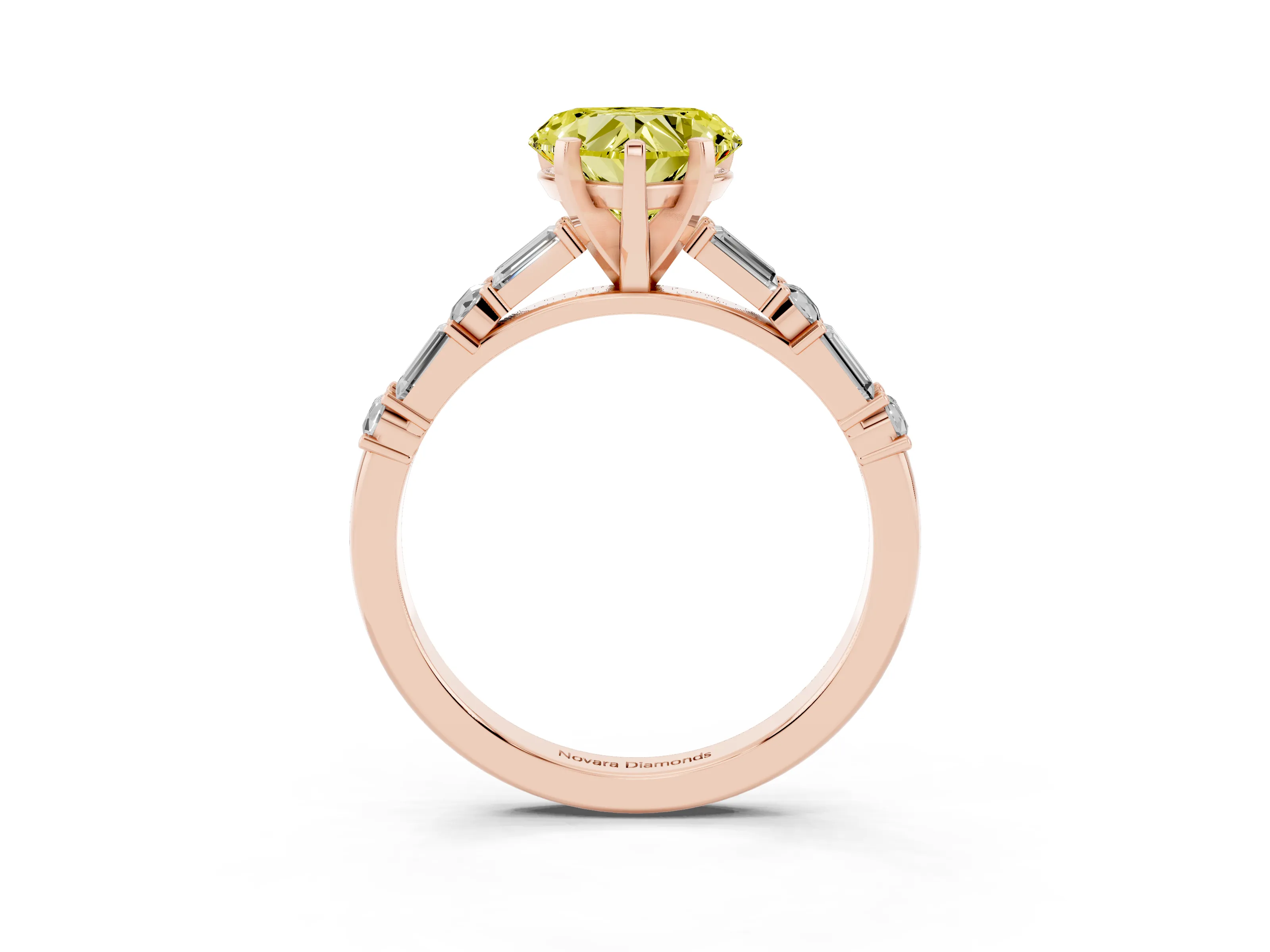 Fancy Yellow Heart Cut Diamond Solitaire Set in Rose gold with Side Baguettes and Channel Set Band