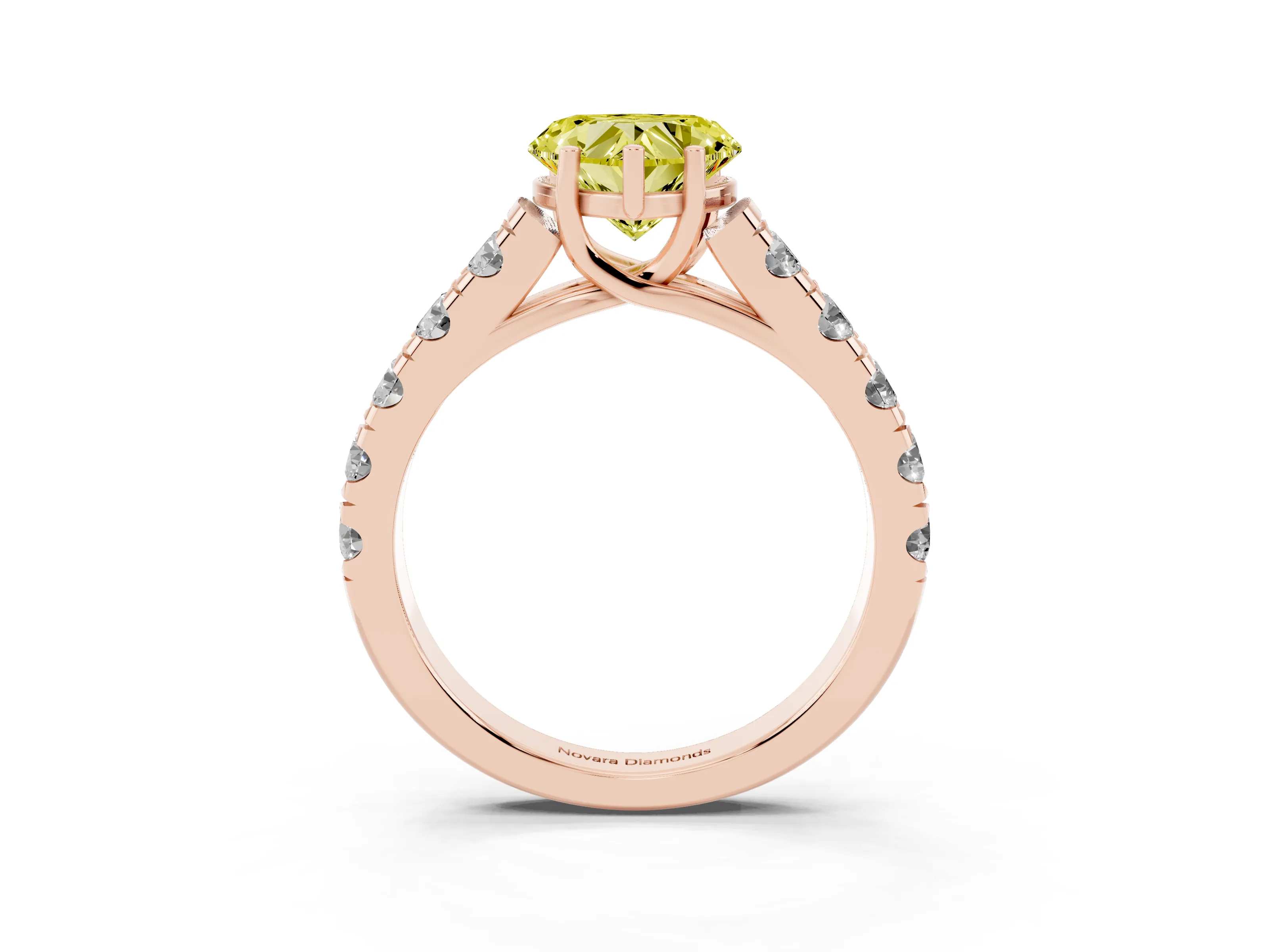 Fancy Yellow Heart Cut Diamond Solitaire Ring Set in Rose gold with Cut-Down Micro Pavé Band and Prong Setting