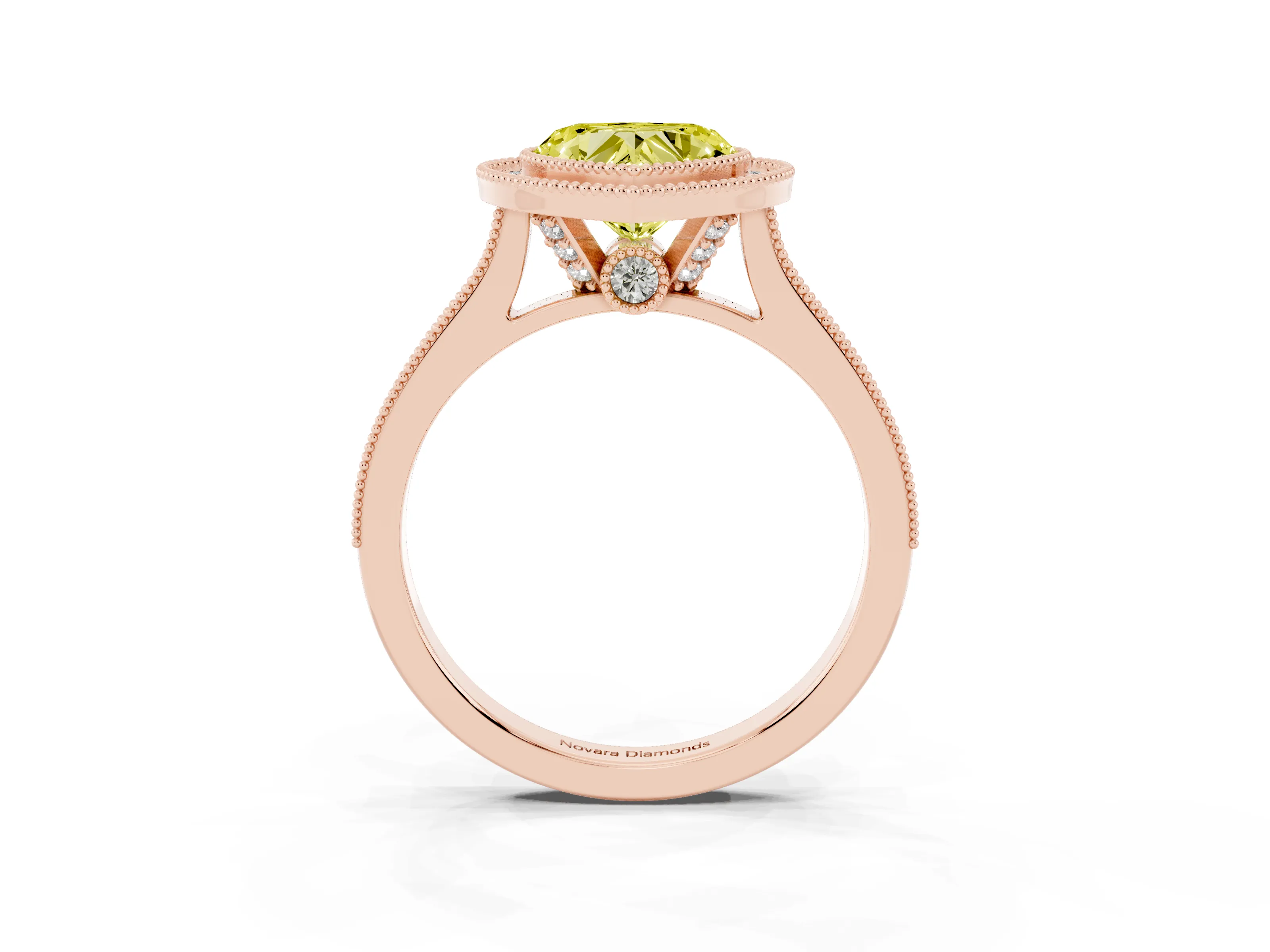 Fancy Yellow Heart Cut Diamond Halo Milgrain Pavé Band Ring Set in Rose gold with Prong Setting