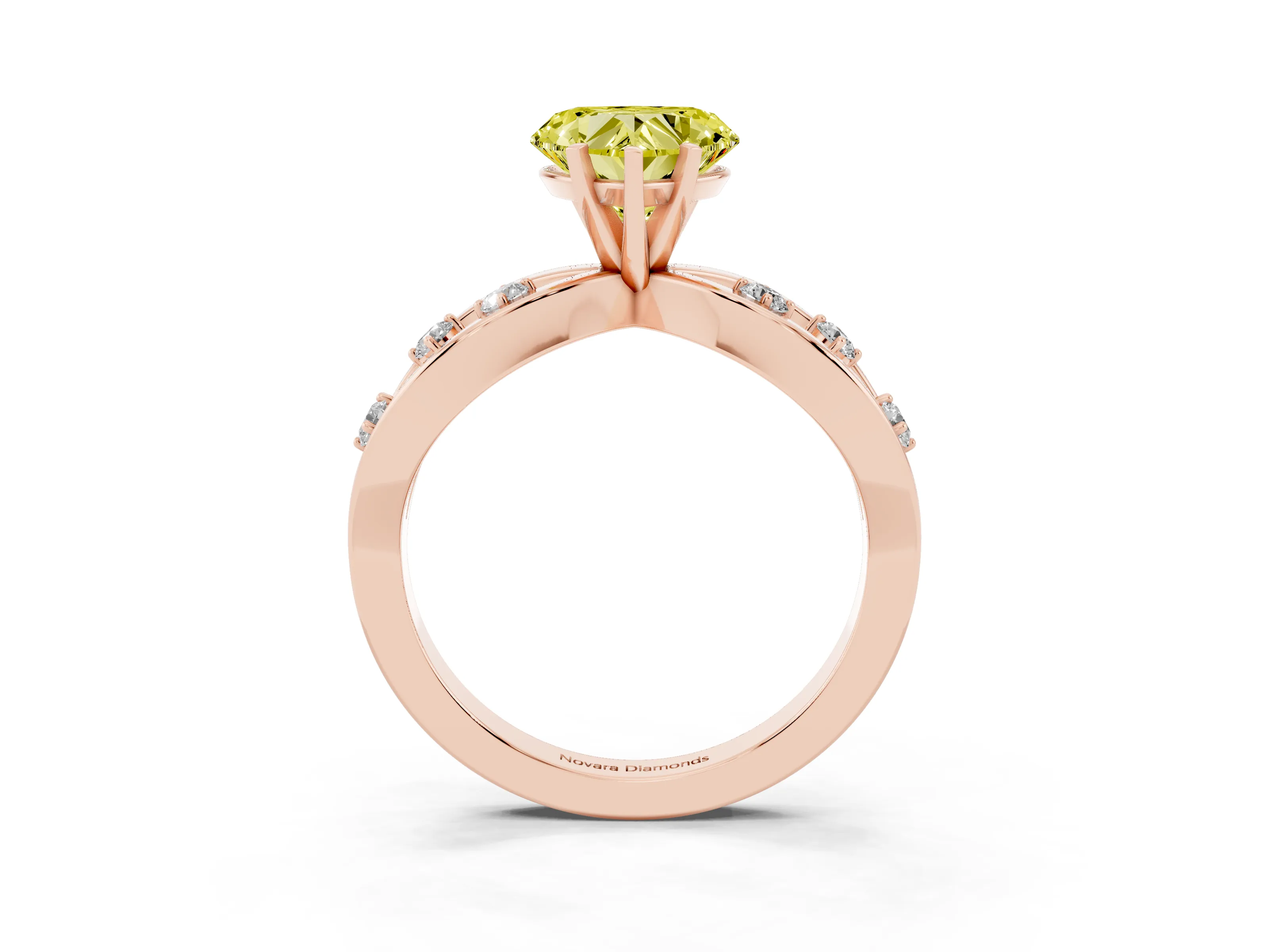 Fancy Yellow Heart Cut Diamond Solitaire Ring Set in Rose gold with Side Stones on Criss-Cross Band and Prong Setting
