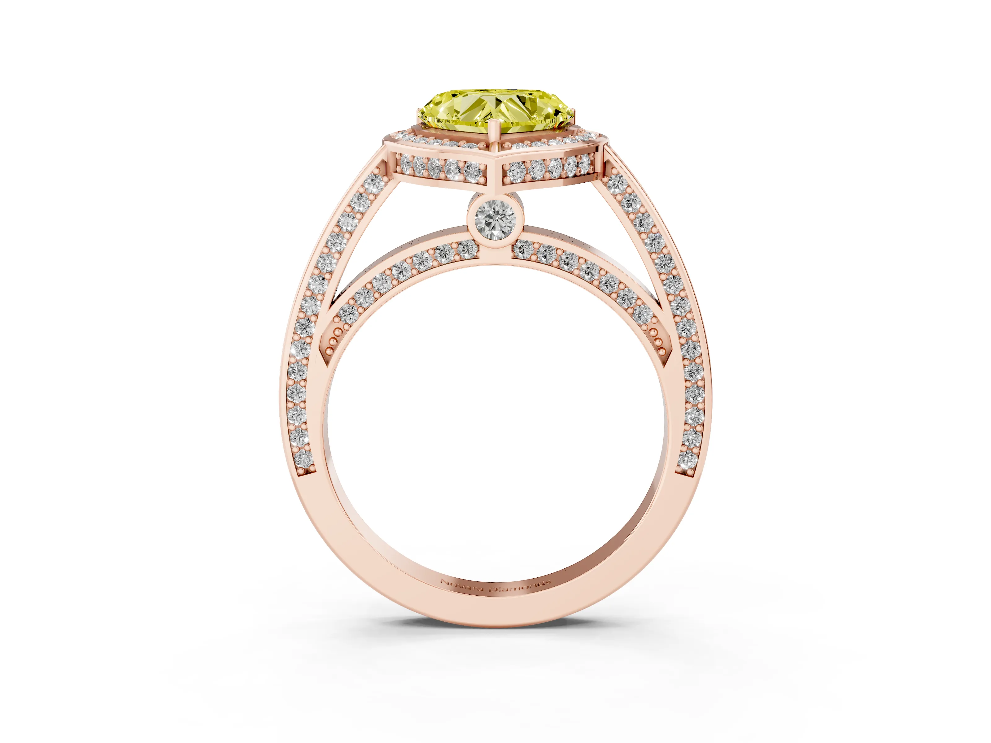 Fancy Yellow Heart Cut Diamond Halo Pavé Split Shank Ring Set in Rose gold with Prong Setting