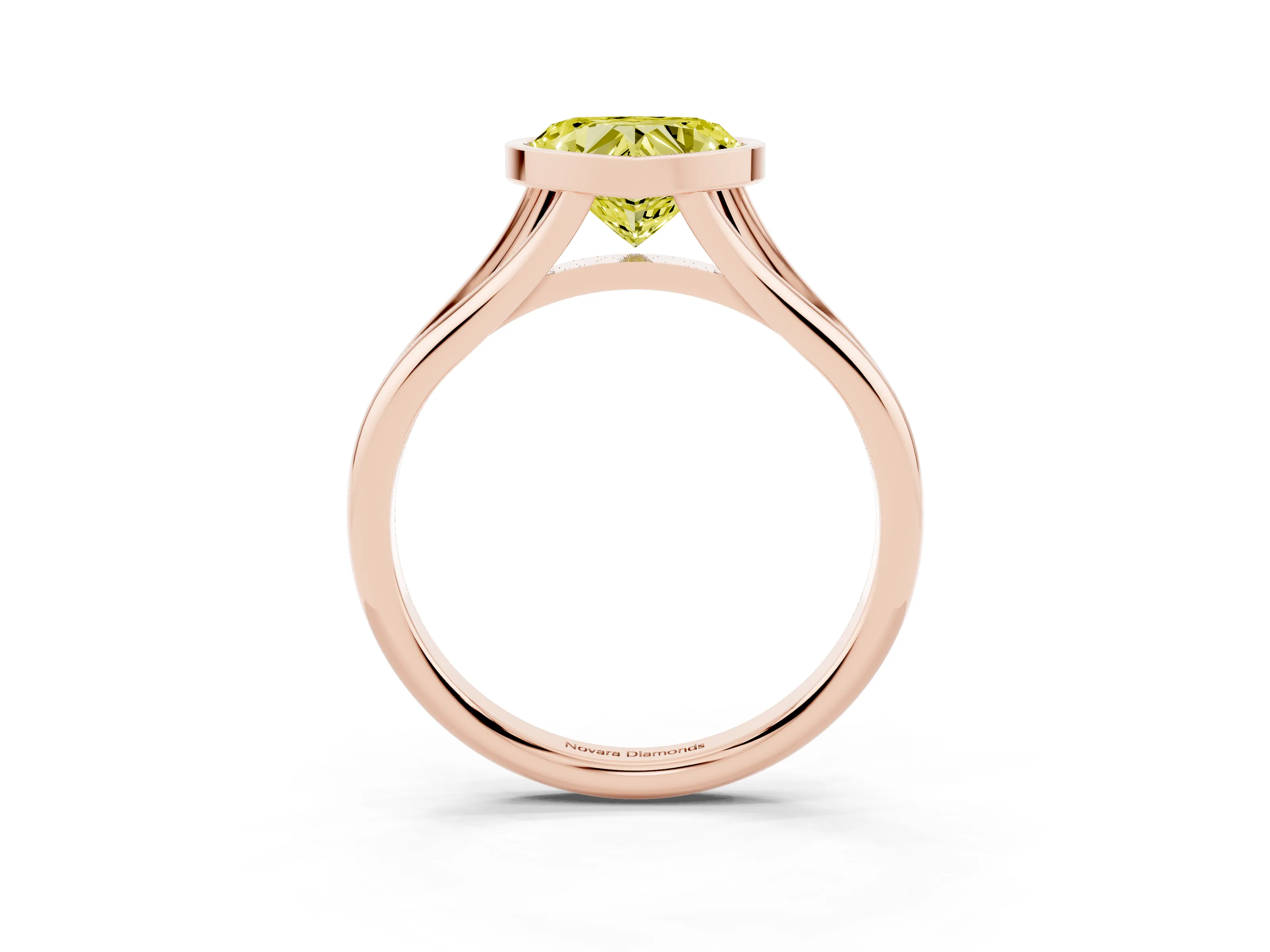 Fancy Yellow Bezel Set Heart Cut Diamond Solitaire Ring Set in Rose gold with Tapered Band