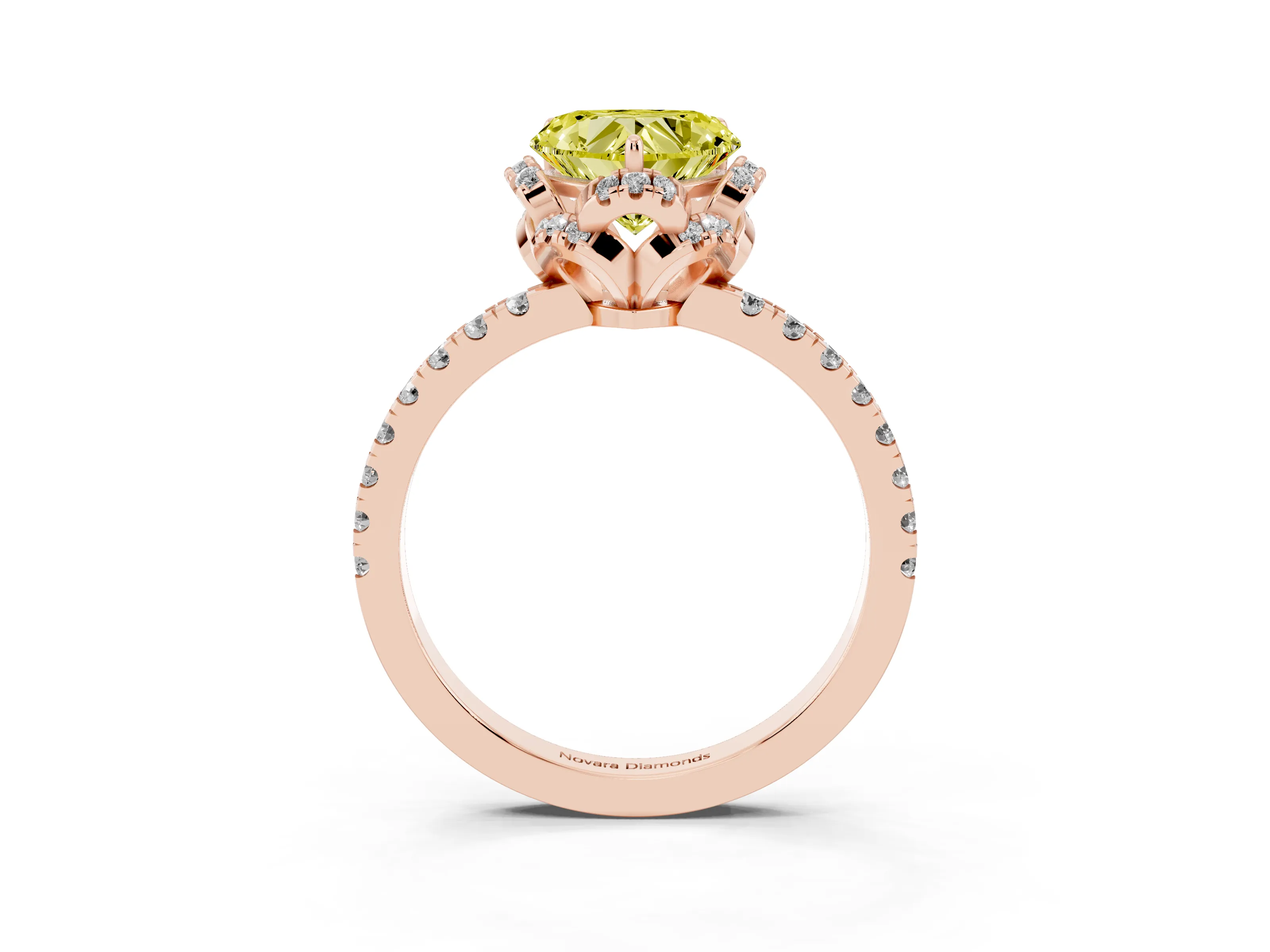 Fancy Yellow Heart Cut Diamond Halo Pavé Band Ring Set in Rose gold with Prong-Held Center