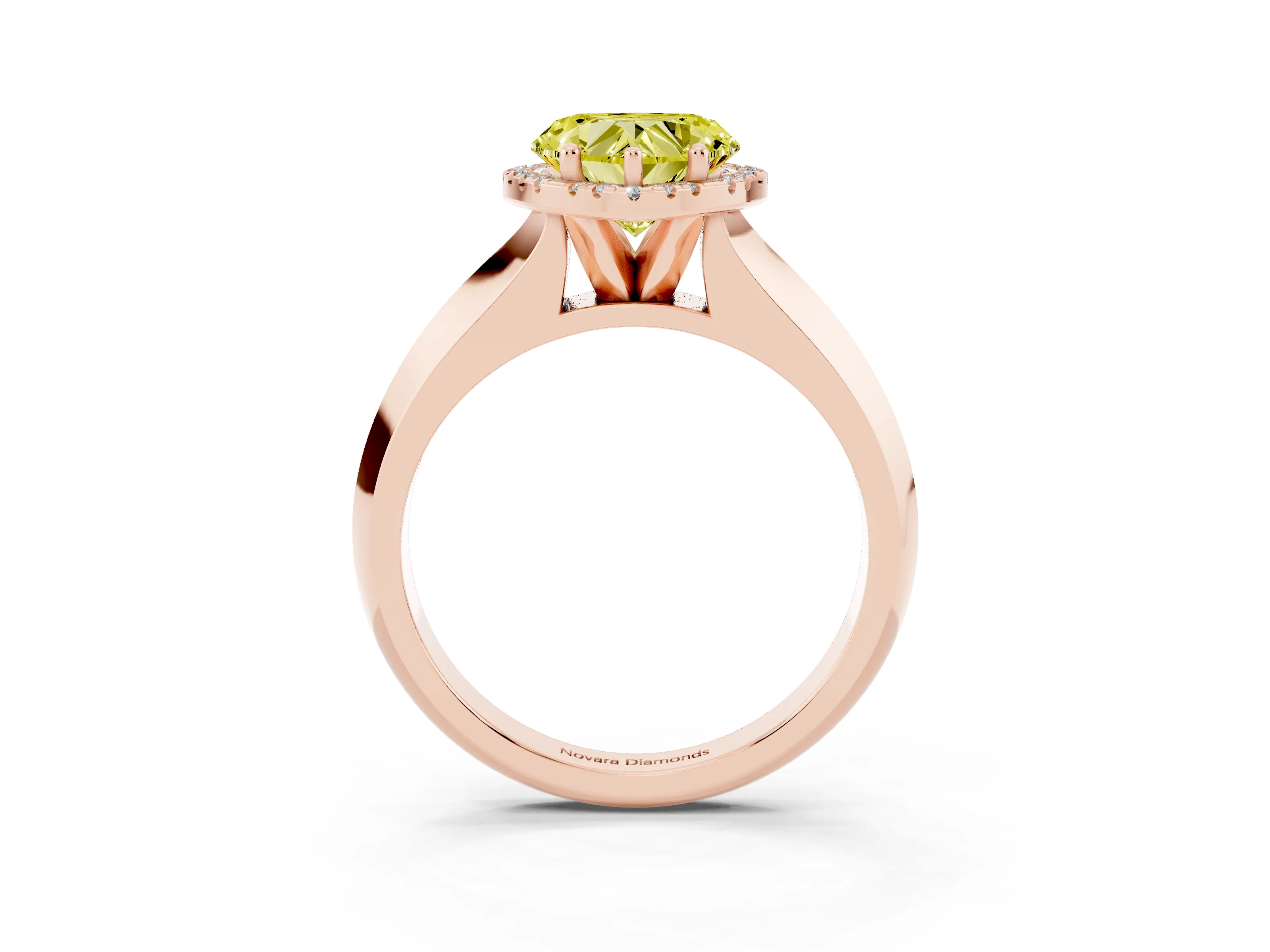 Fancy Yellow Heart Cut Diamond Halo Ring Set in Rose gold with Cathedral Band and Prong Setting