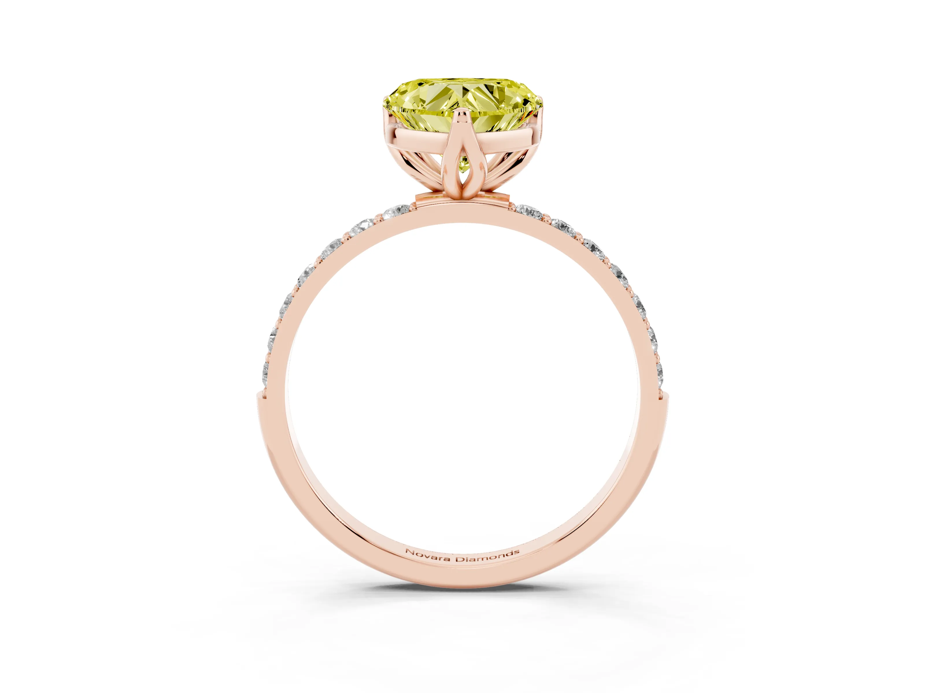 Fancy Yellow Heart Cut Diamond Solitaire Engagement Ring Set in Rose gold with Round Pavé Band and Prong Setting