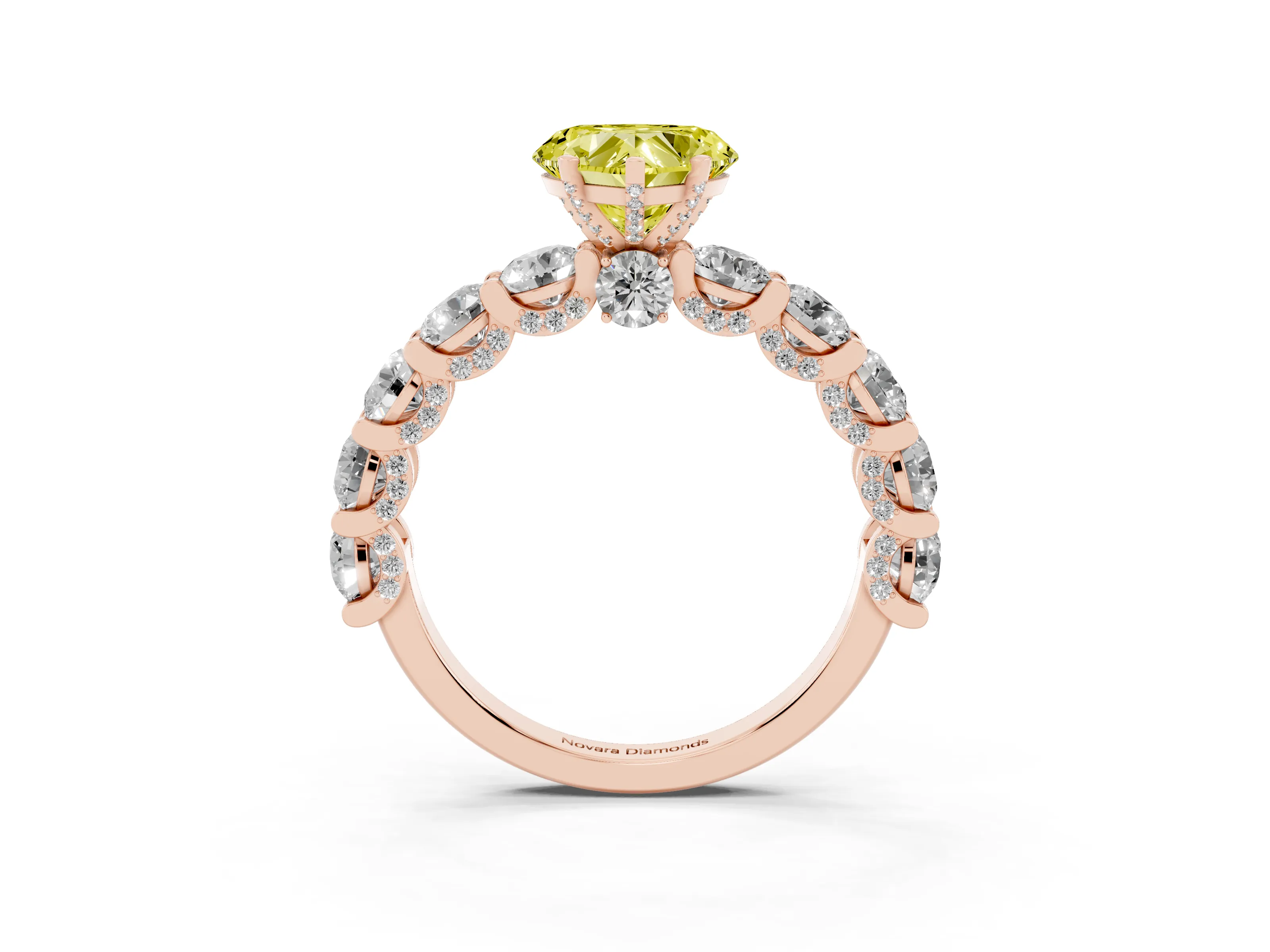 Fancy Yellow Heart Cut Diamond Side Stone Ring Set in Rose gold with Alternating Round and Oval Side Stones