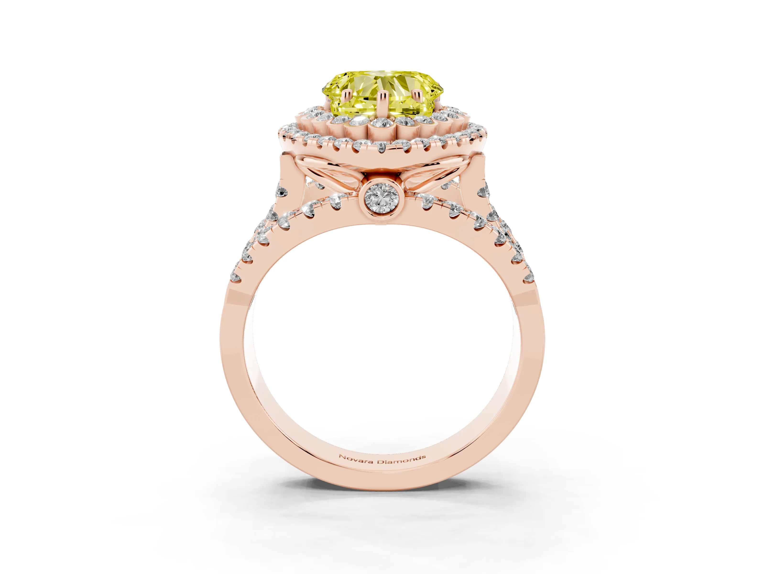 Fancy Yellow Heart Cut Diamond Double Halo Ring Set in Rose gold with Round Pavé Split Shank