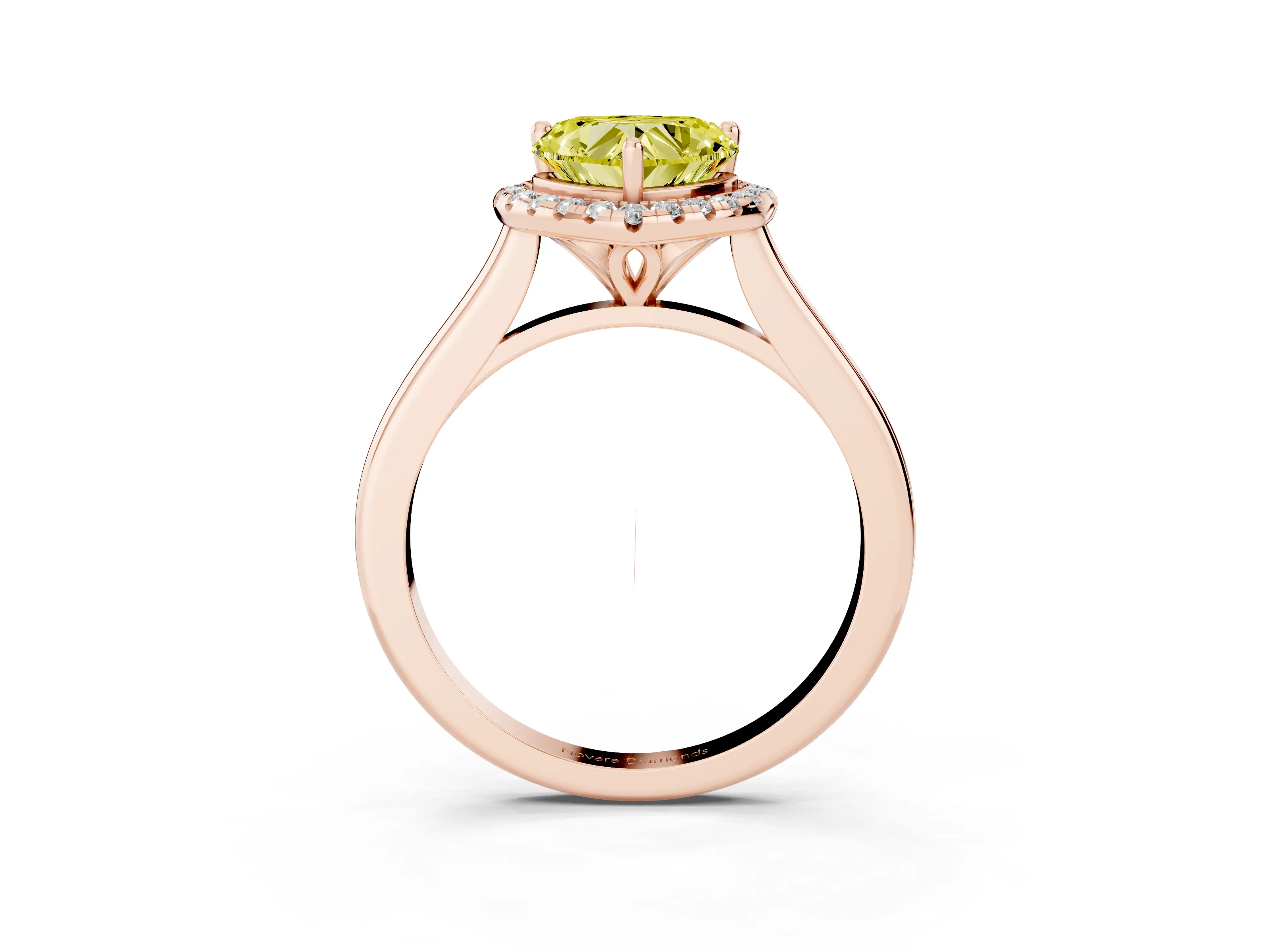 Fancy Yellow Heart Cut Diamond Halo Engagement Ring Set in Rose gold with Pavé Band and Rising Shoulders