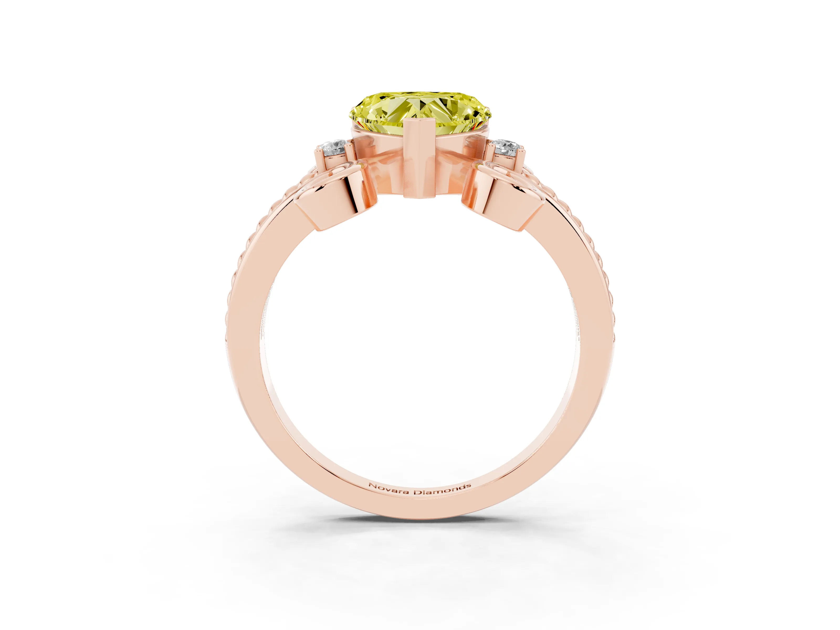 Fancy Yellow Heart Cut Diamond Twisted Band Solitaire Ring Set in Rose gold with Scroll Prongs
