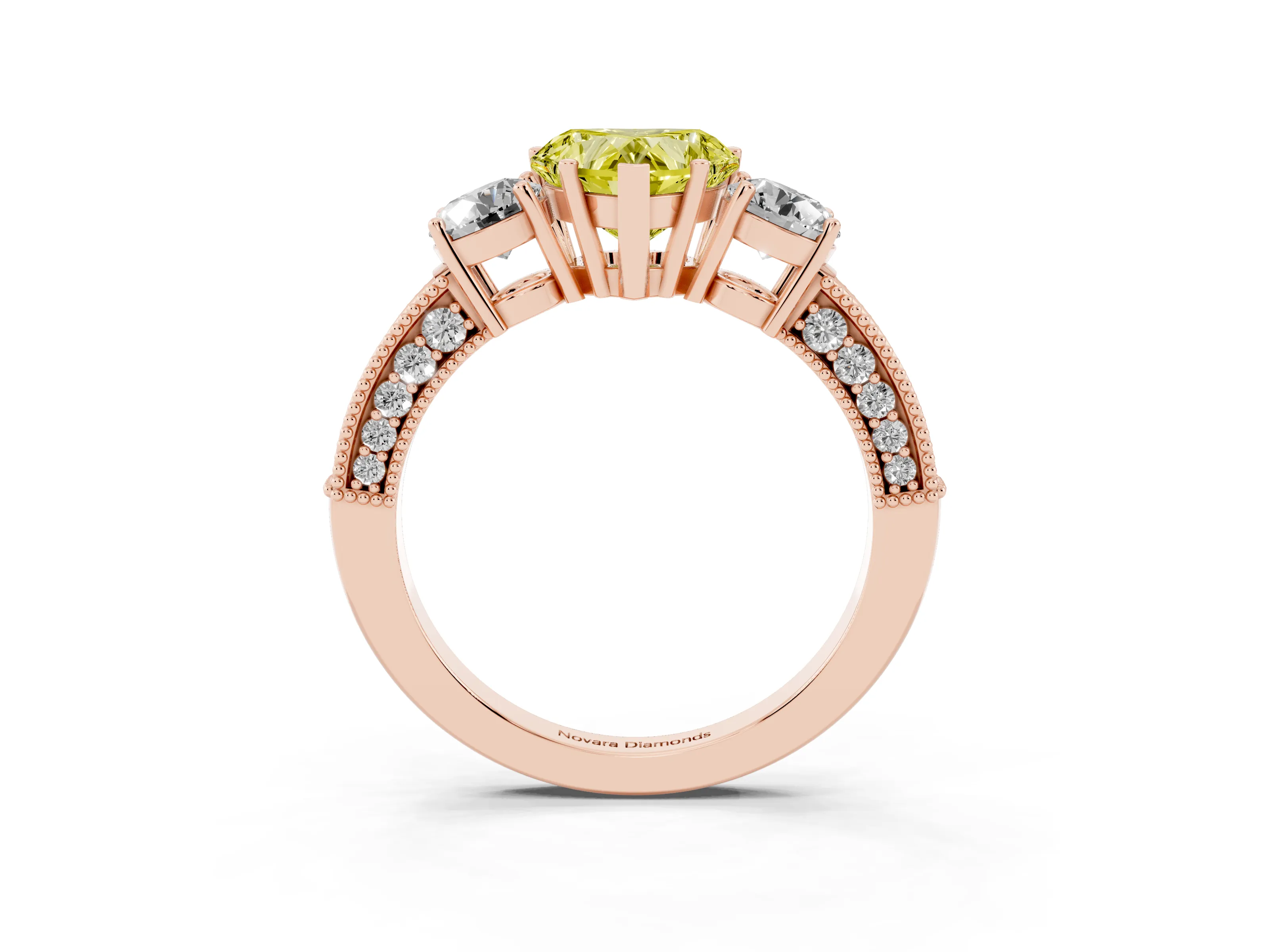 Fancy Yellow Heart Cut Diamond Three-Stone Ring Set in Rose gold with Round Side Stones and Pavé Band