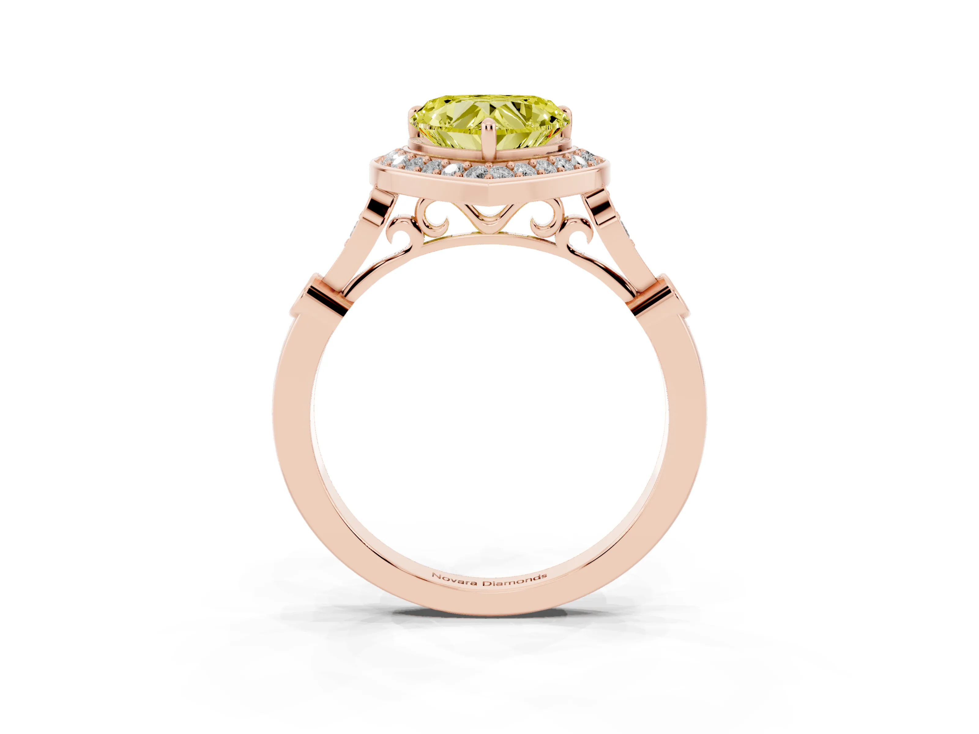 Fancy Yellow Heart Cut Diamond Halo Engagement Ring Set in Rose gold with Twisted Band and Prong Setting