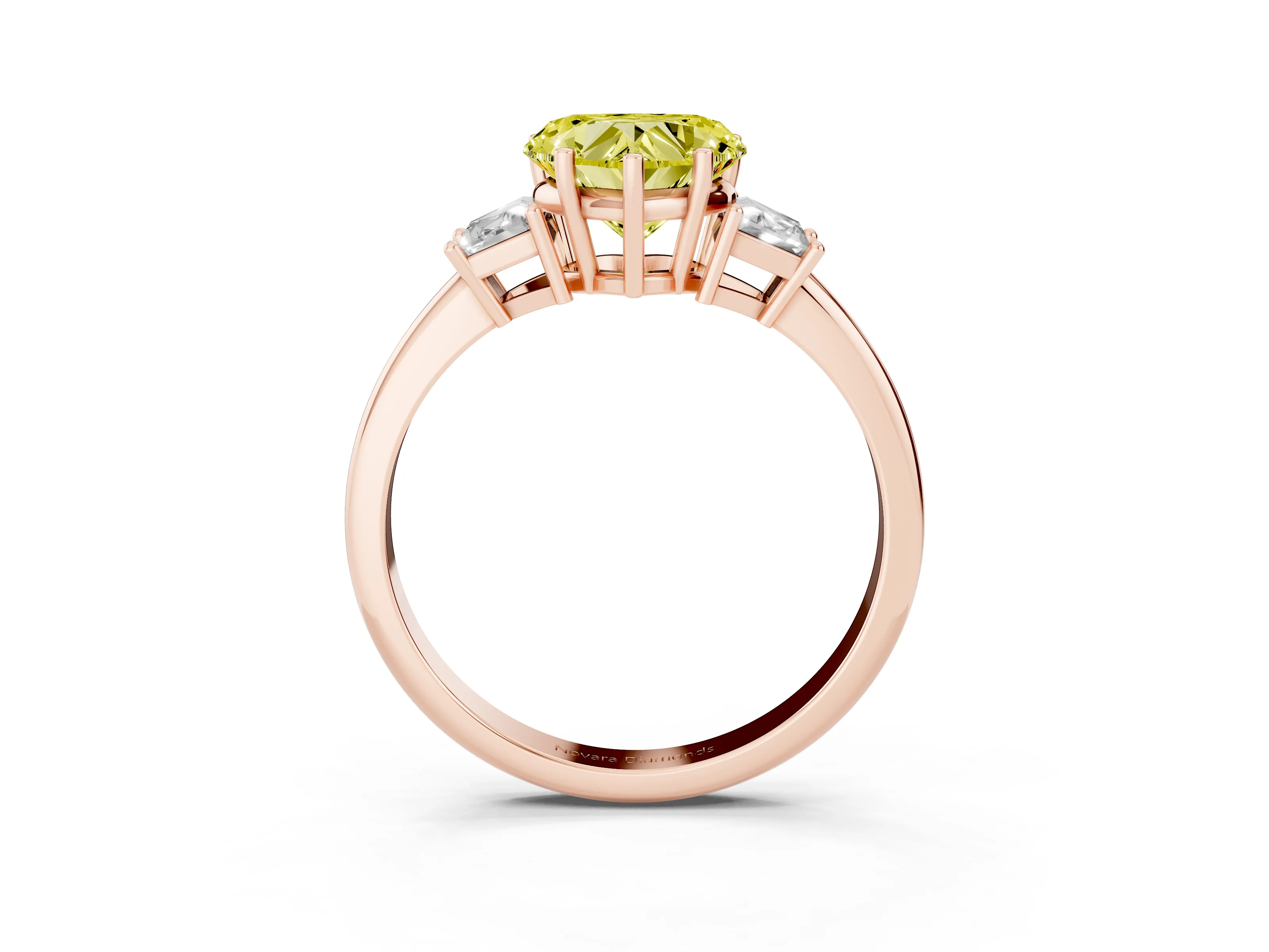Fancy Yellow Heart Cut Diamond Three-Stone Ring Set in Rose gold with Trapezoid Side Stones and Prong Setting