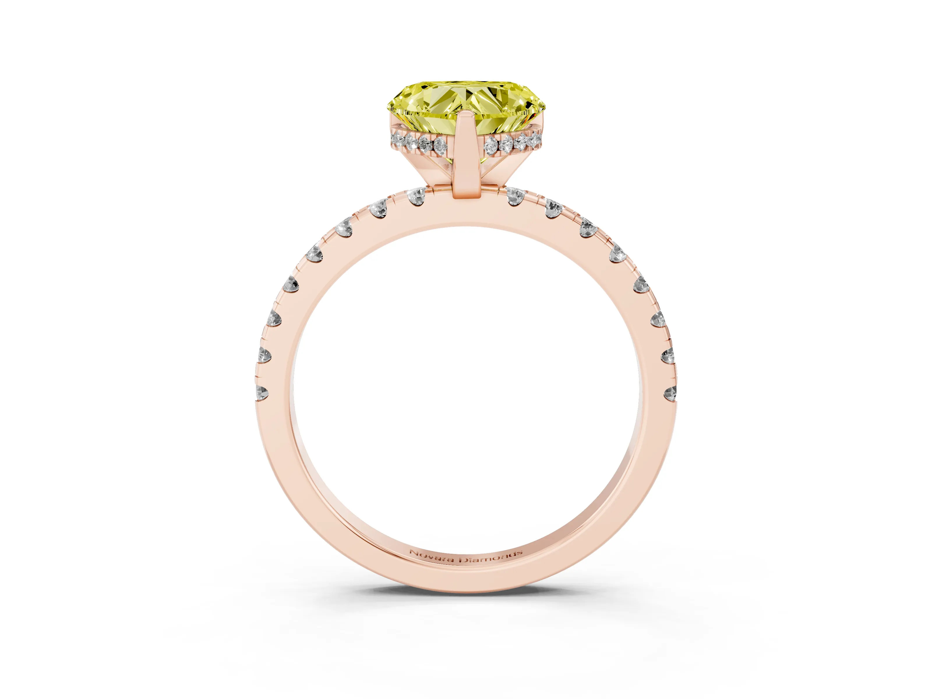 Fancy Yellow Heart Cut Diamond Pavé Solitaire Ring Set in Rose gold with Round Band Accents and Prong Setting