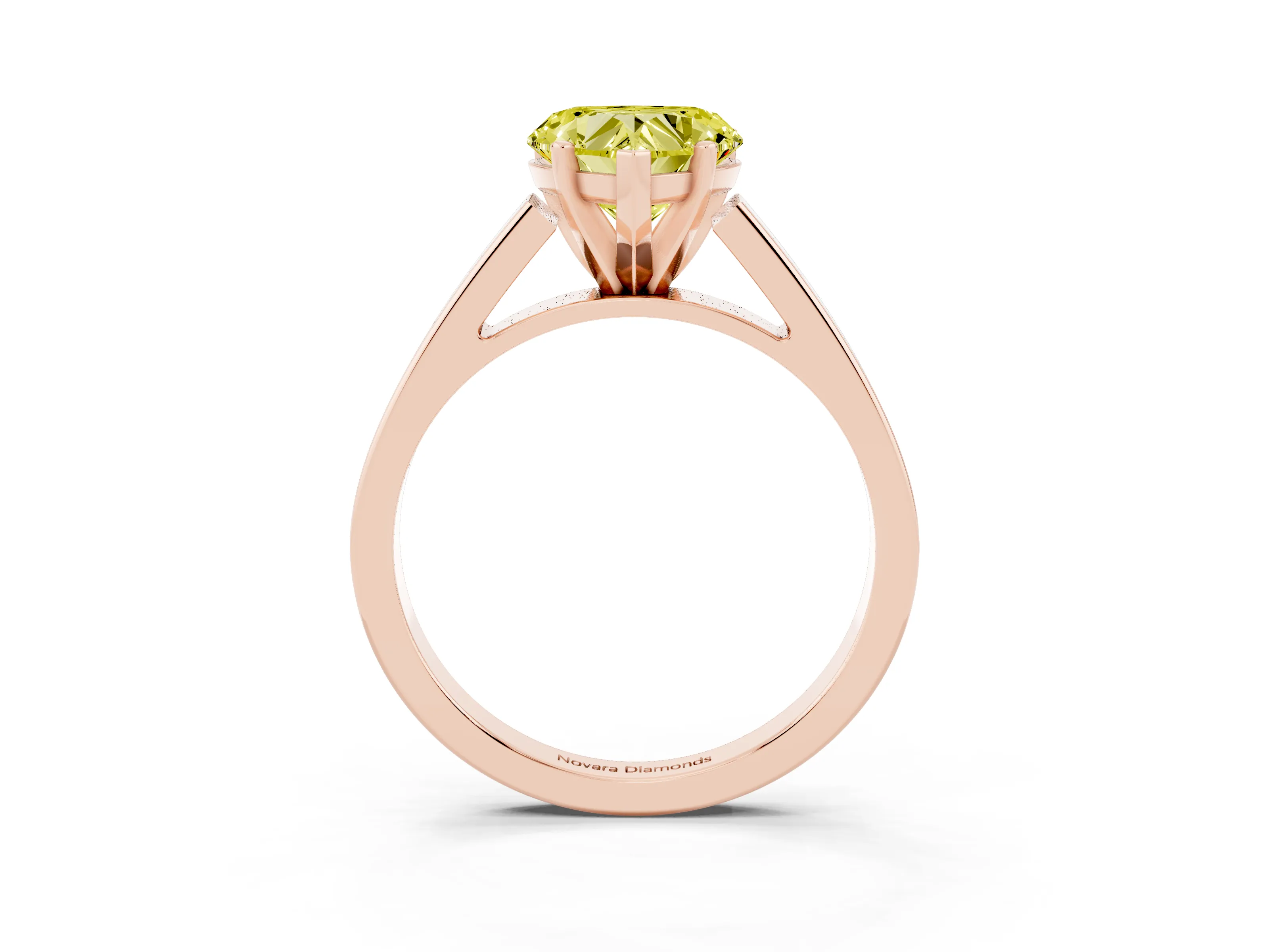 Fancy Yellow Heart Cut Diamond Solitaire Engagement Ring Set in Rose gold with Prong Setting and Tapered Band