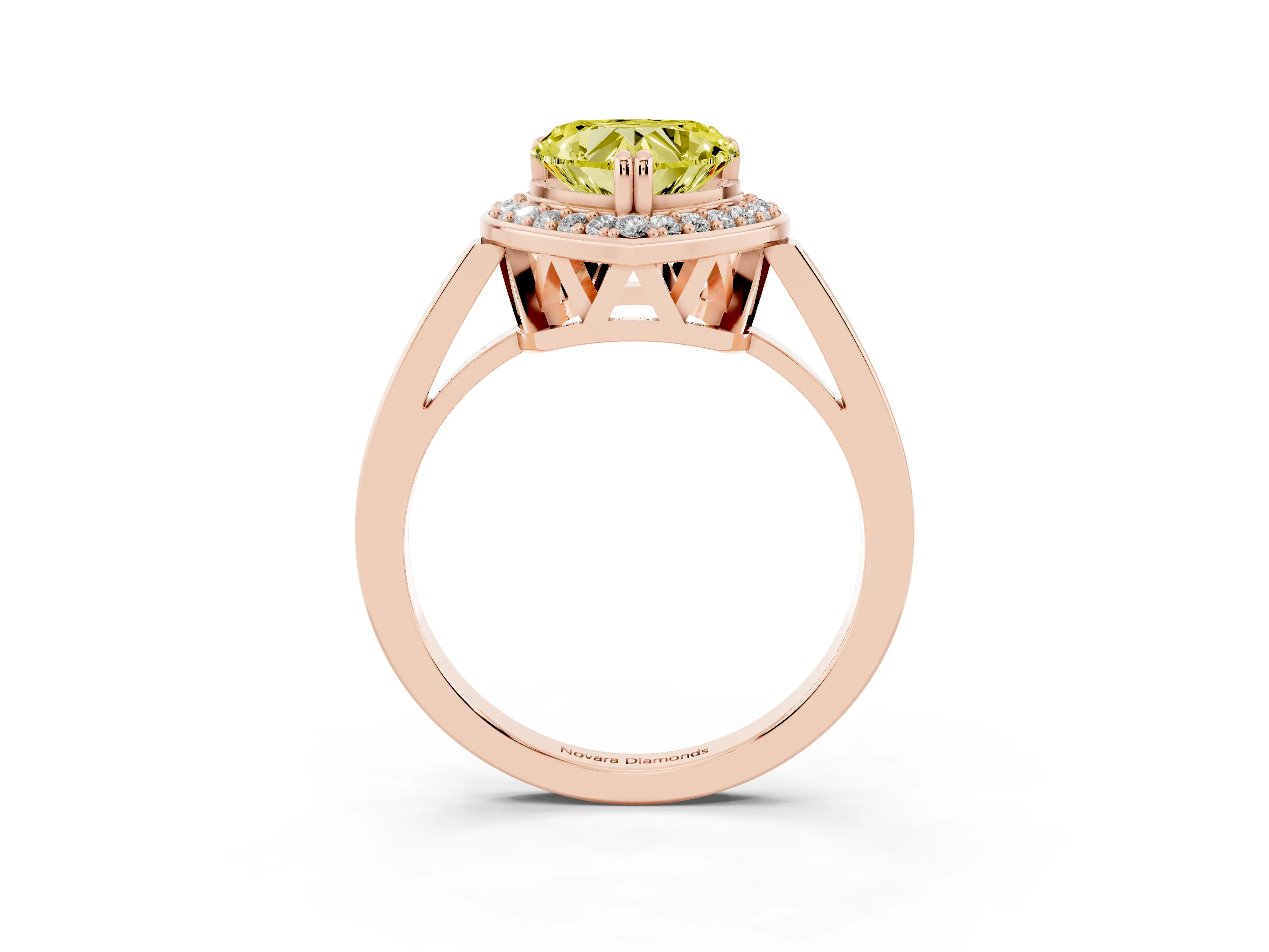 Fancy Yellow Heart Cut Diamond Halo Ring Set in Rose gold with Accent-Lined Split Shank and Prong Setting