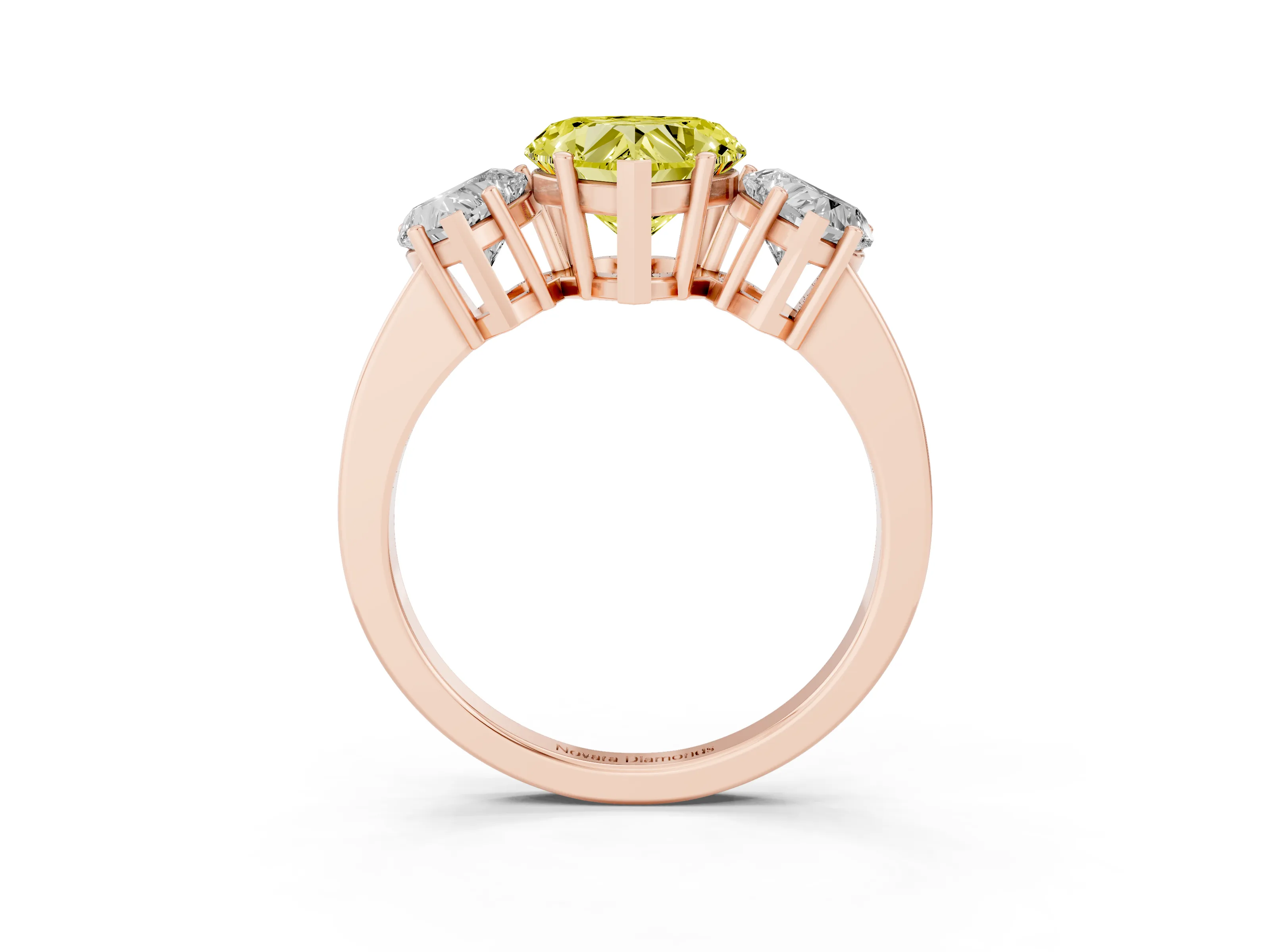 Fancy Yellow Heart Cut Diamond Three-Stone Engagement Ring Set in Rose gold with Flat Band