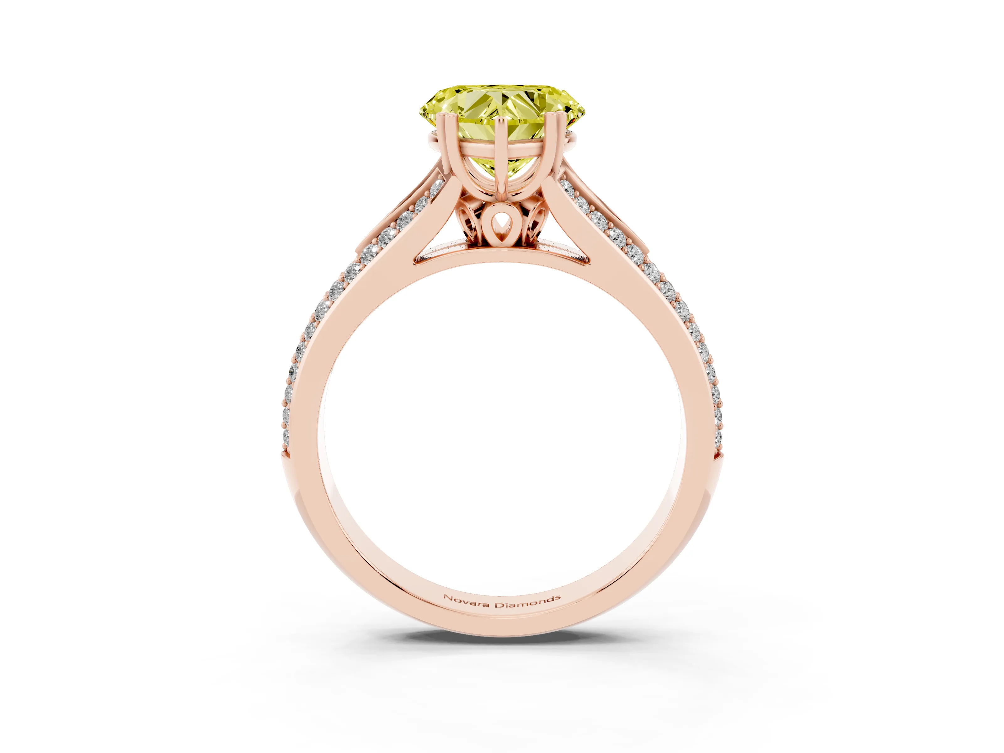 Fancy Yellow Heart Cut Diamond Split Shank Pavé Engagement Ring Set in Rose gold with Prong-Set Center Stone