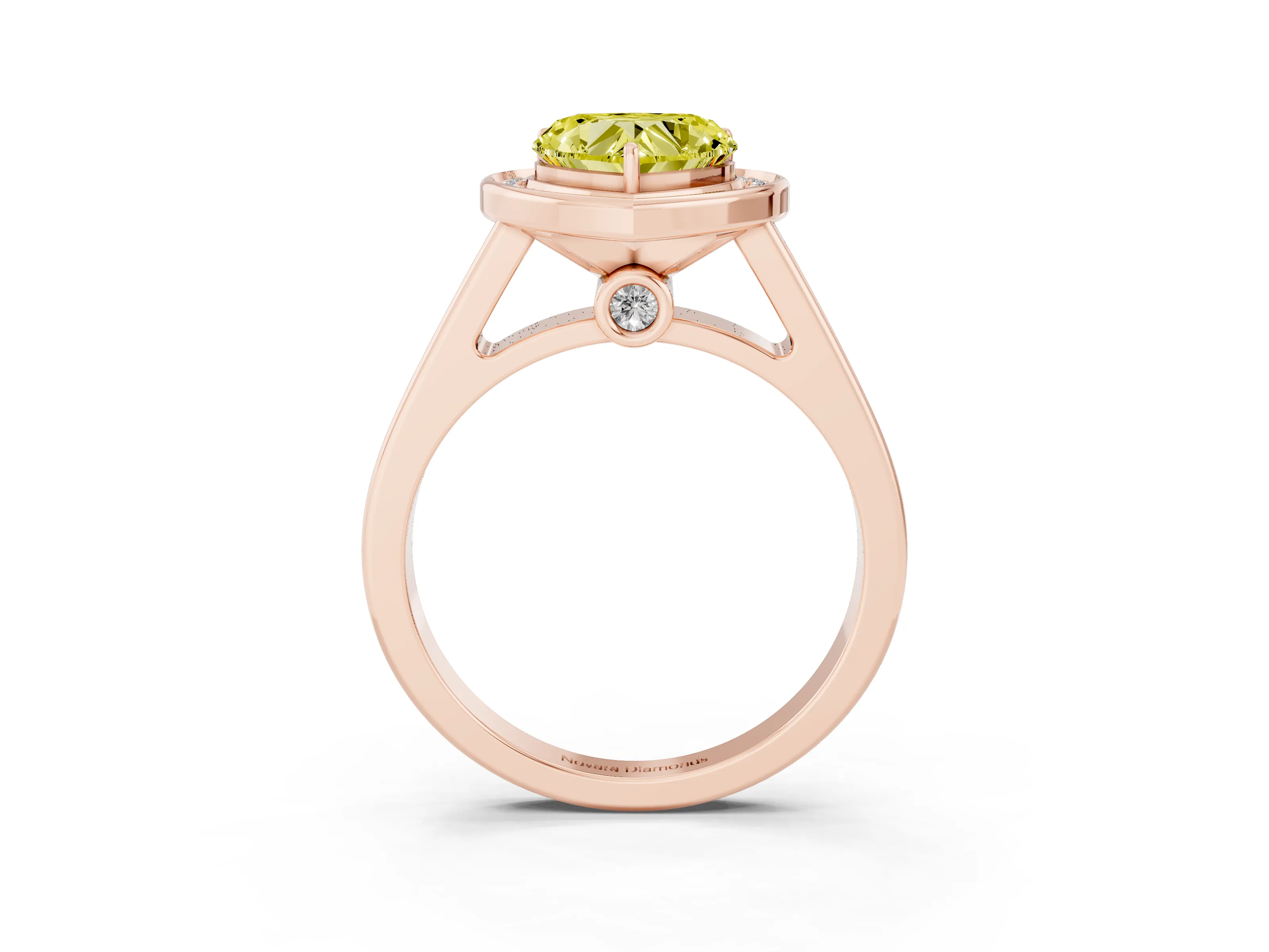 Fancy Yellow Heart Cut Diamond Halo Solitaire Ring Set in Rose gold with Pavé Band and Bezel Setting
