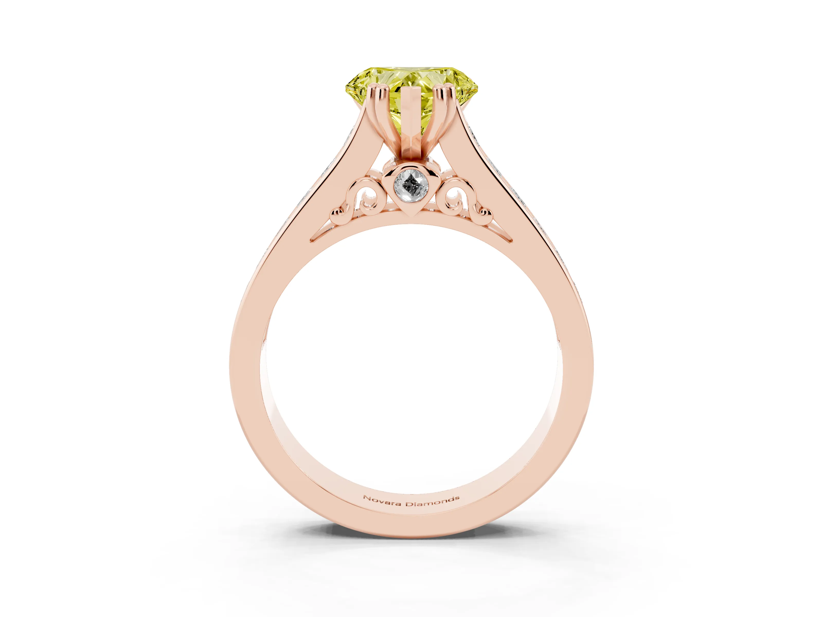 Fancy Yellow Heart Cut Diamond Channel Set Solitaire Engagement Ring Set in Rose gold with Prong Setting
