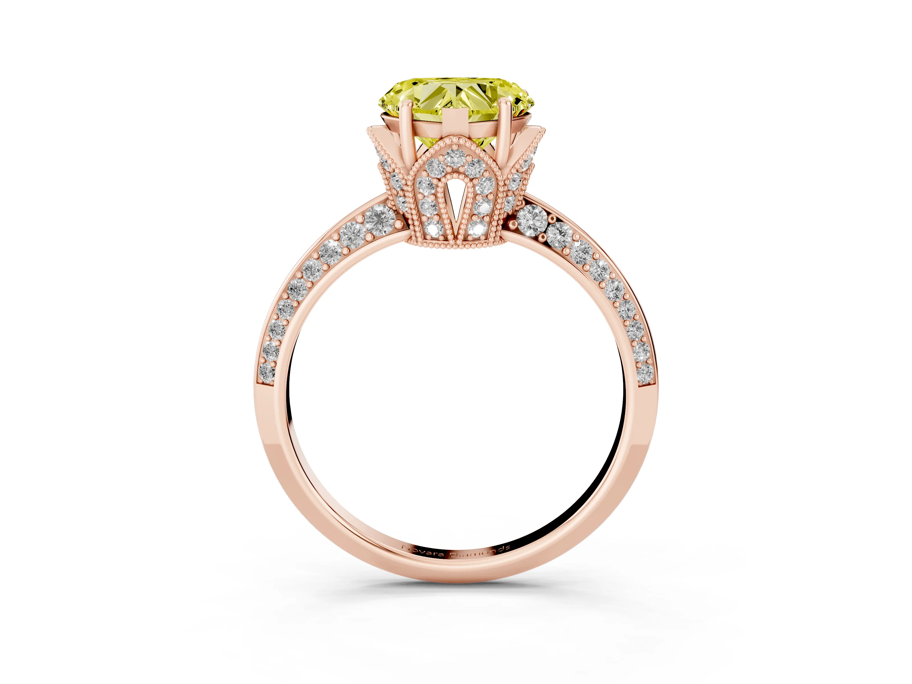 Fancy Yellow Heart Cut Diamond Solitaire Engagement Ring Set in Rose gold with Pavé Split Shank and Prong Setting