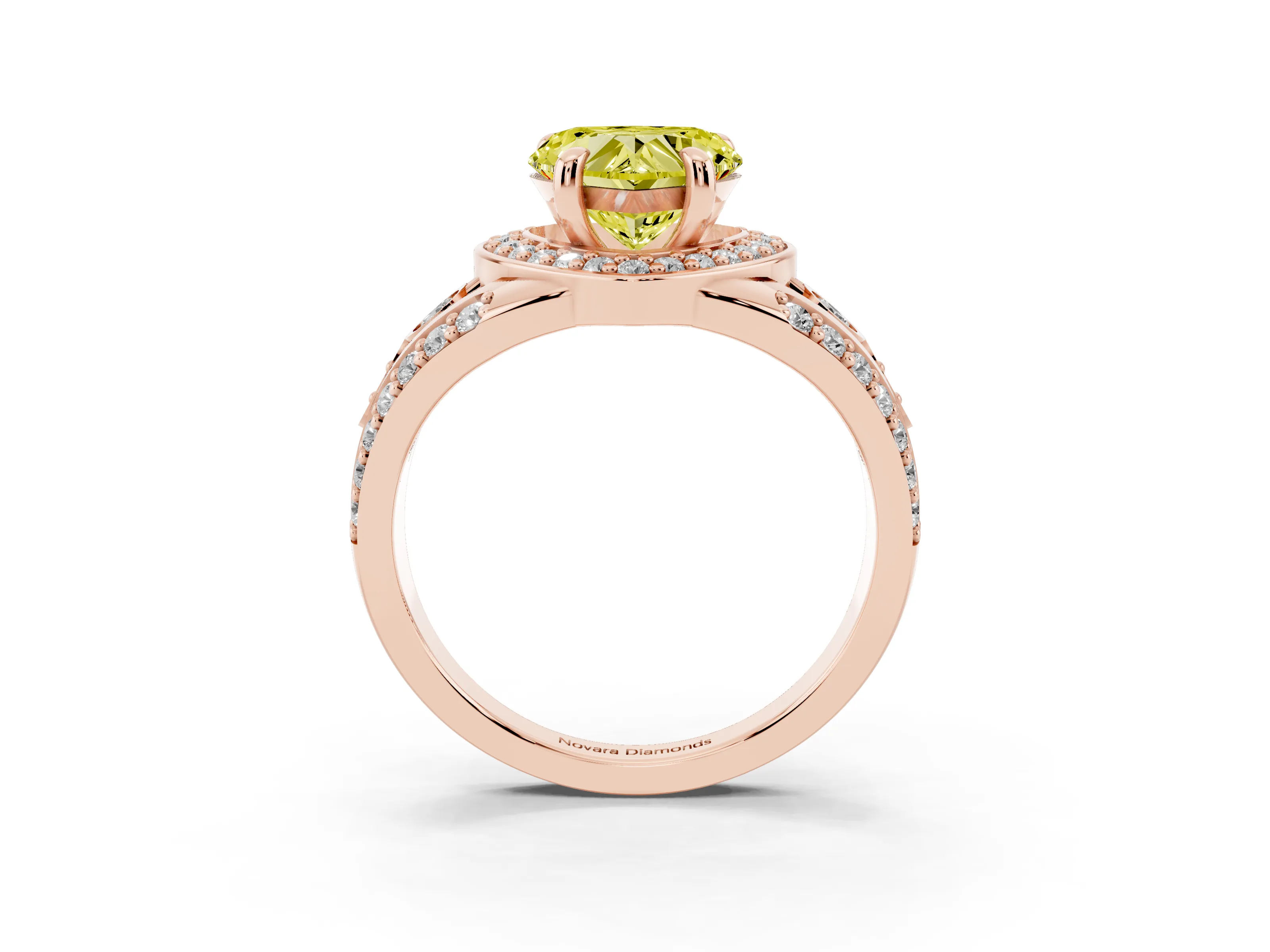 Fancy Yellow Heart Cut Diamond Halo Ring Set in Rose gold with Pavé Split Shank and Bezel Accents
