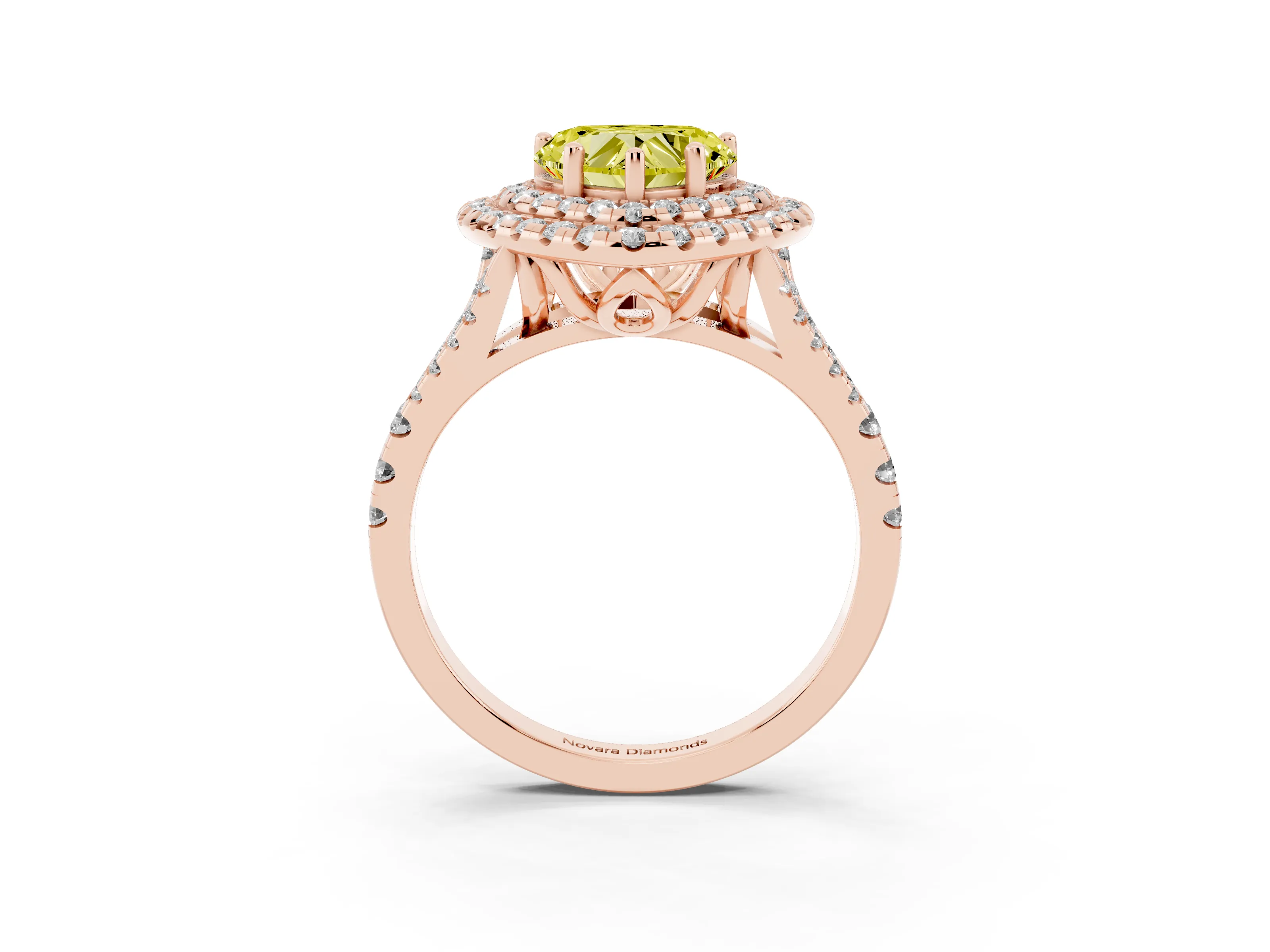 Fancy Yellow Heart Cut Diamond Double Halo Ring Set in Rose gold with Pavé Split Shank and Prong Setting