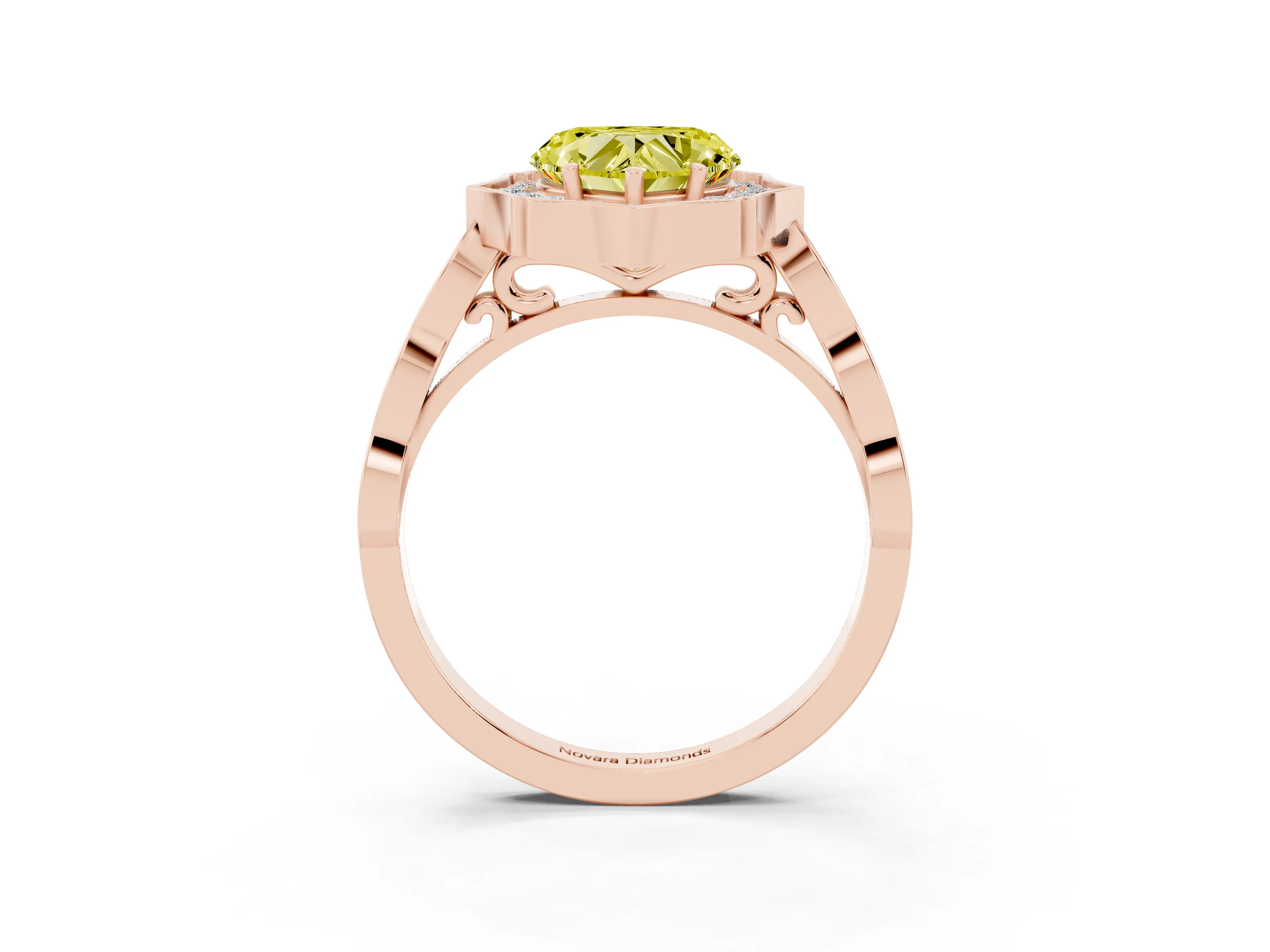 Fancy Yellow Heart Cut Diamond Halo Engagement Ring Set in Rose gold with Milgrain Band and Prong Setting