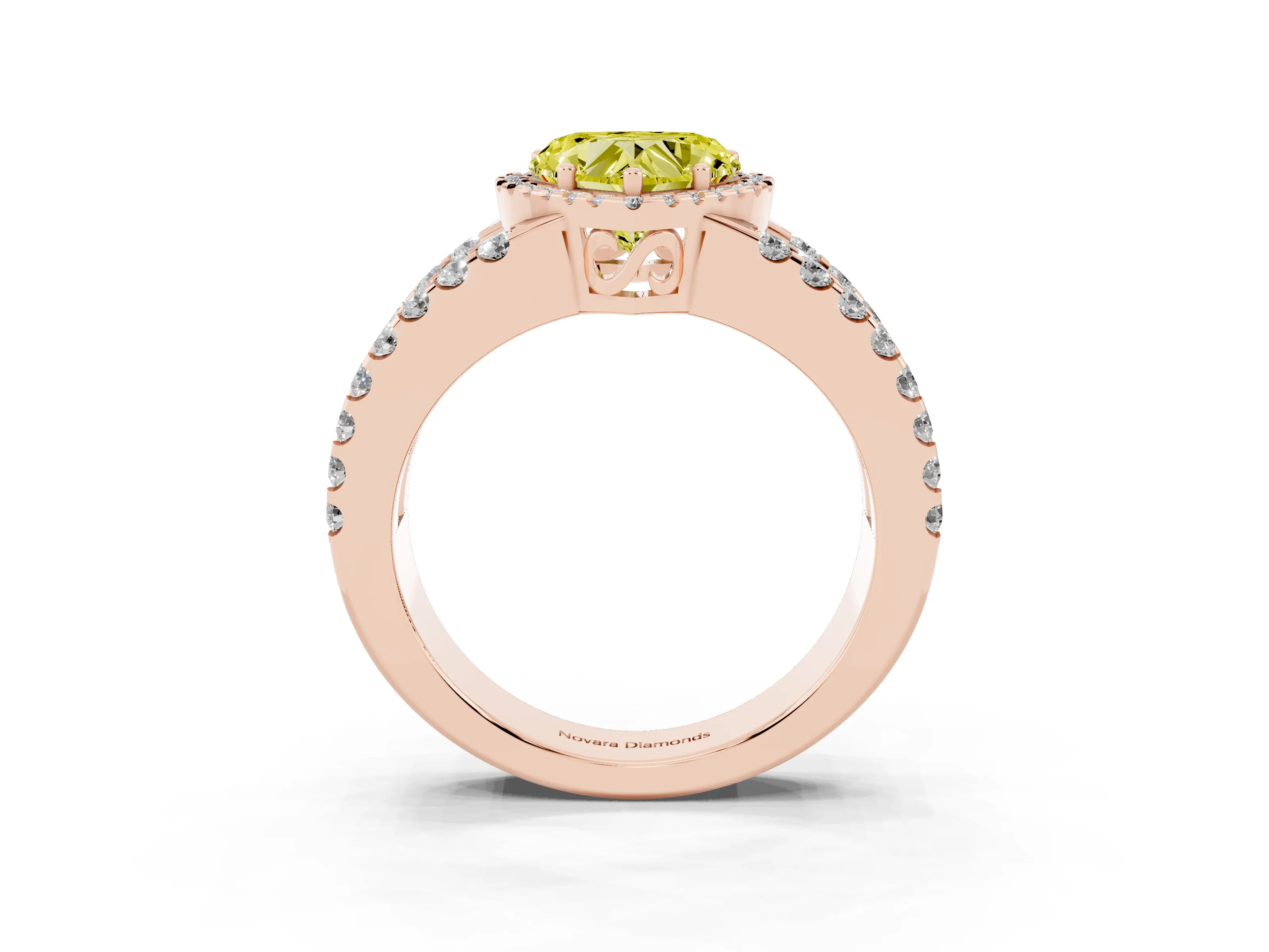 Fancy Yellow Heart Cut Diamond Halo Ring Set in Rose gold with Pavé Split Shank and Prong Setting