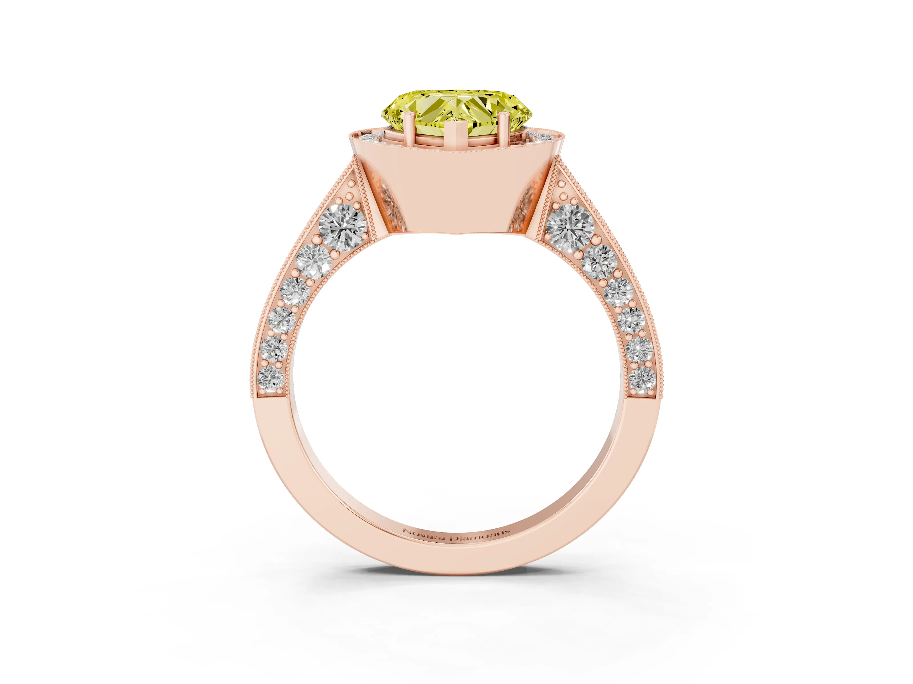 Fancy Yellow Heart Cut Diamond Halo Engagement Ring Set in Rose gold with Accent Split Shank Band
