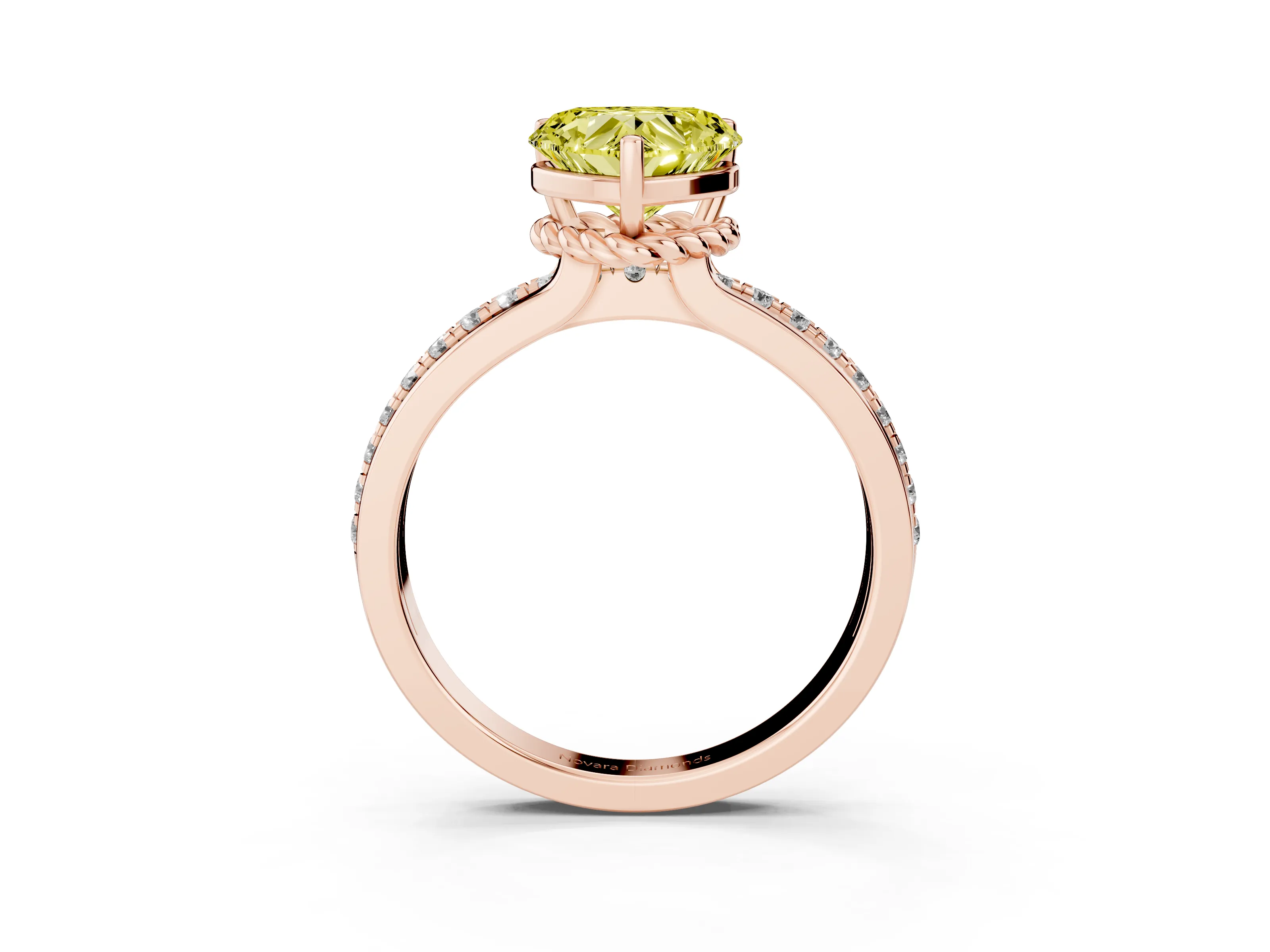 Fancy Yellow Heart Cut Diamond Solitaire Ring Set in Rose gold with Channel Set Band and Prong Setting