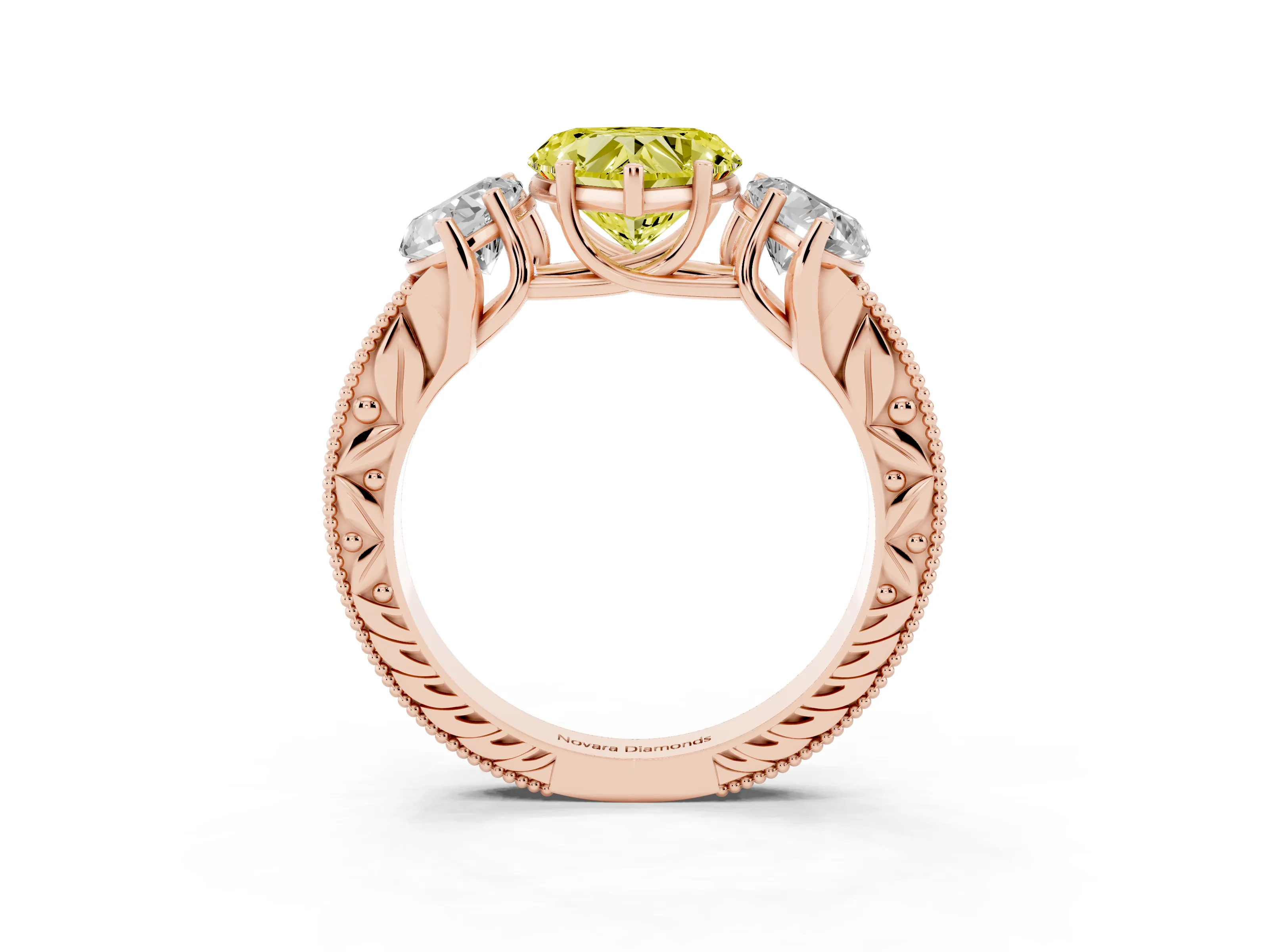 Fancy Yellow Heart Cut Diamond Three-Stone Engagement Ring Set in Rose gold with Milgrain Pavé Band