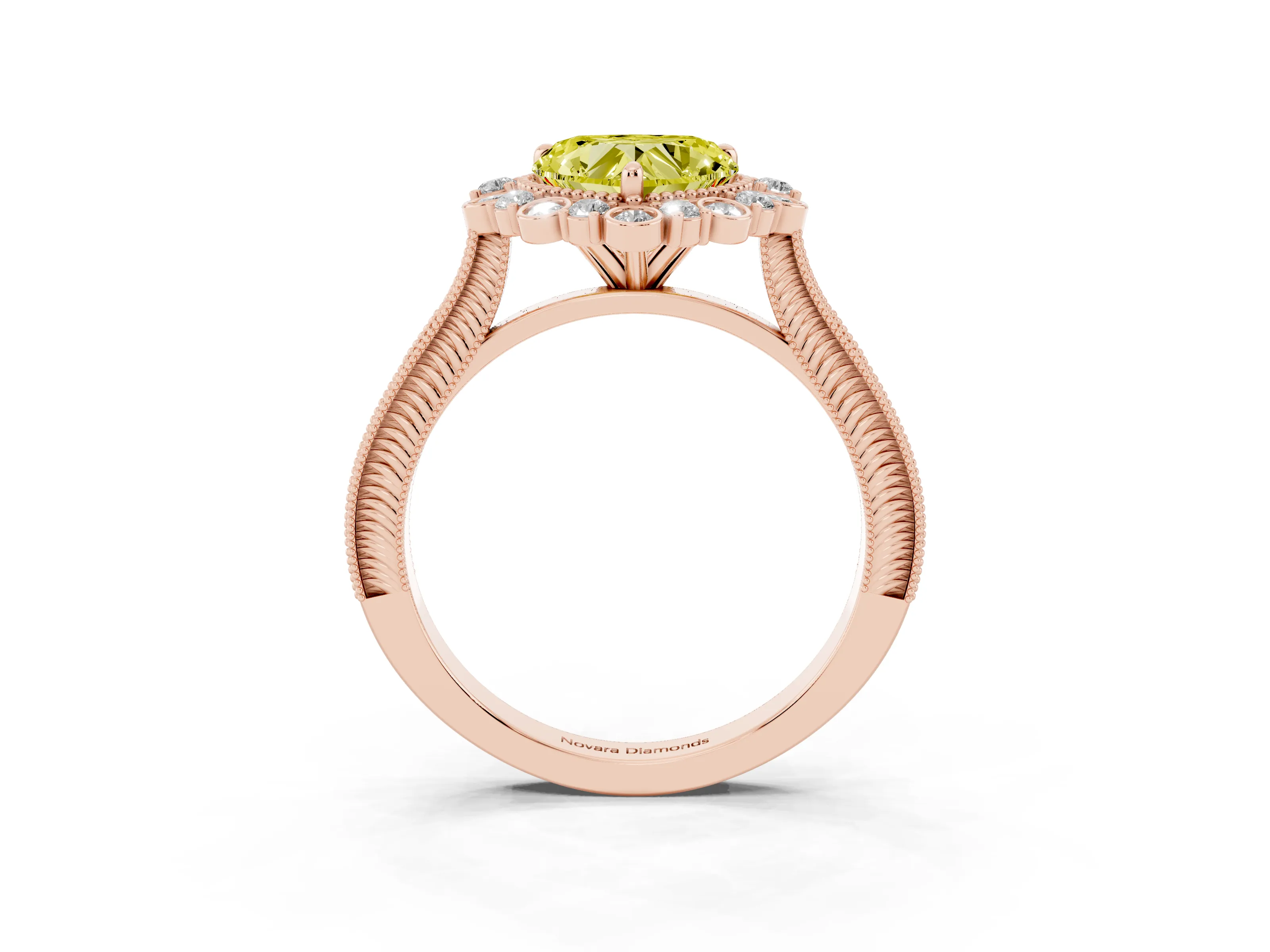 Fancy Yellow Heart Cut Diamond Halo Milgrain Pavé Ring Set in Rose gold with Prong Setting