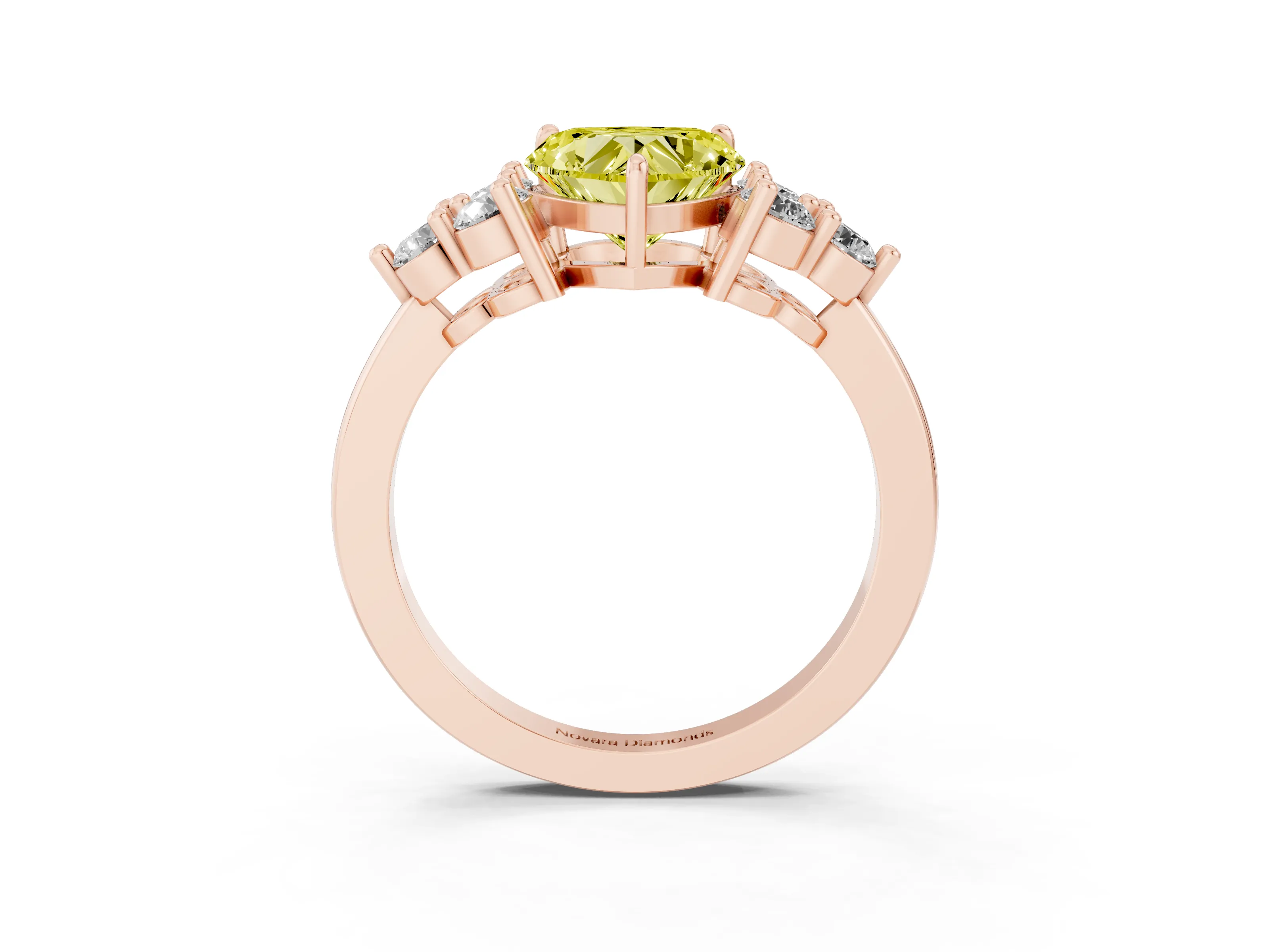 Fancy Yellow Heart Cut Diamond Solitaire Ring Set in Rose gold with Cluster Accents on Each Side