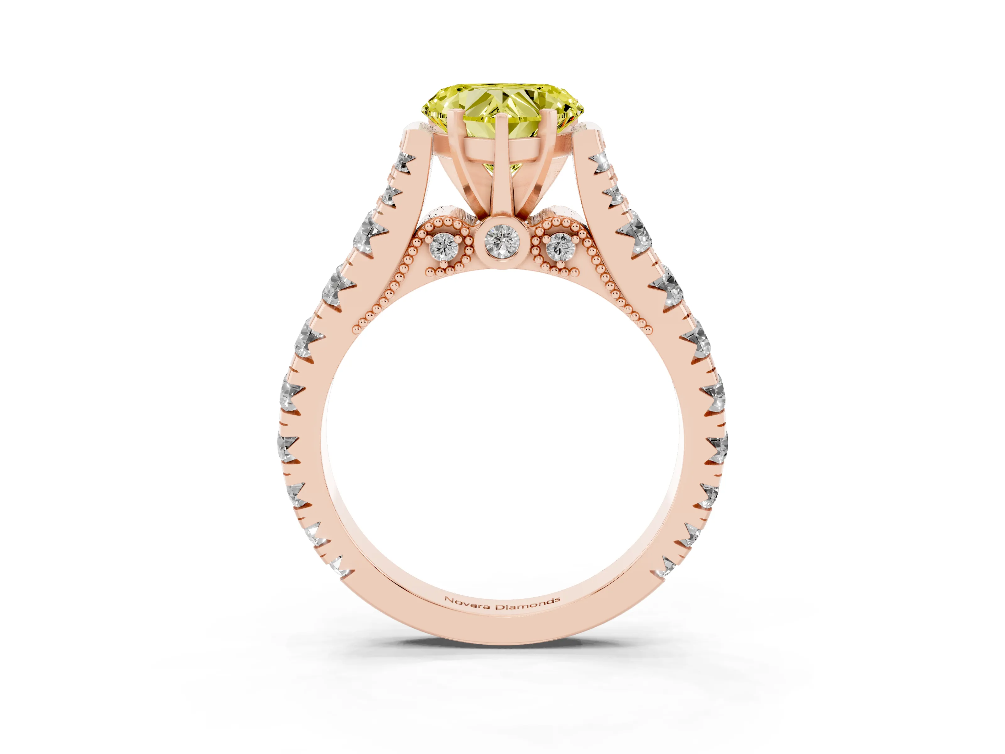 Fancy Yellow Heart Cut Diamond Classic Solitaire Ring Set in Rose gold with Pavé Band and Prong Setting