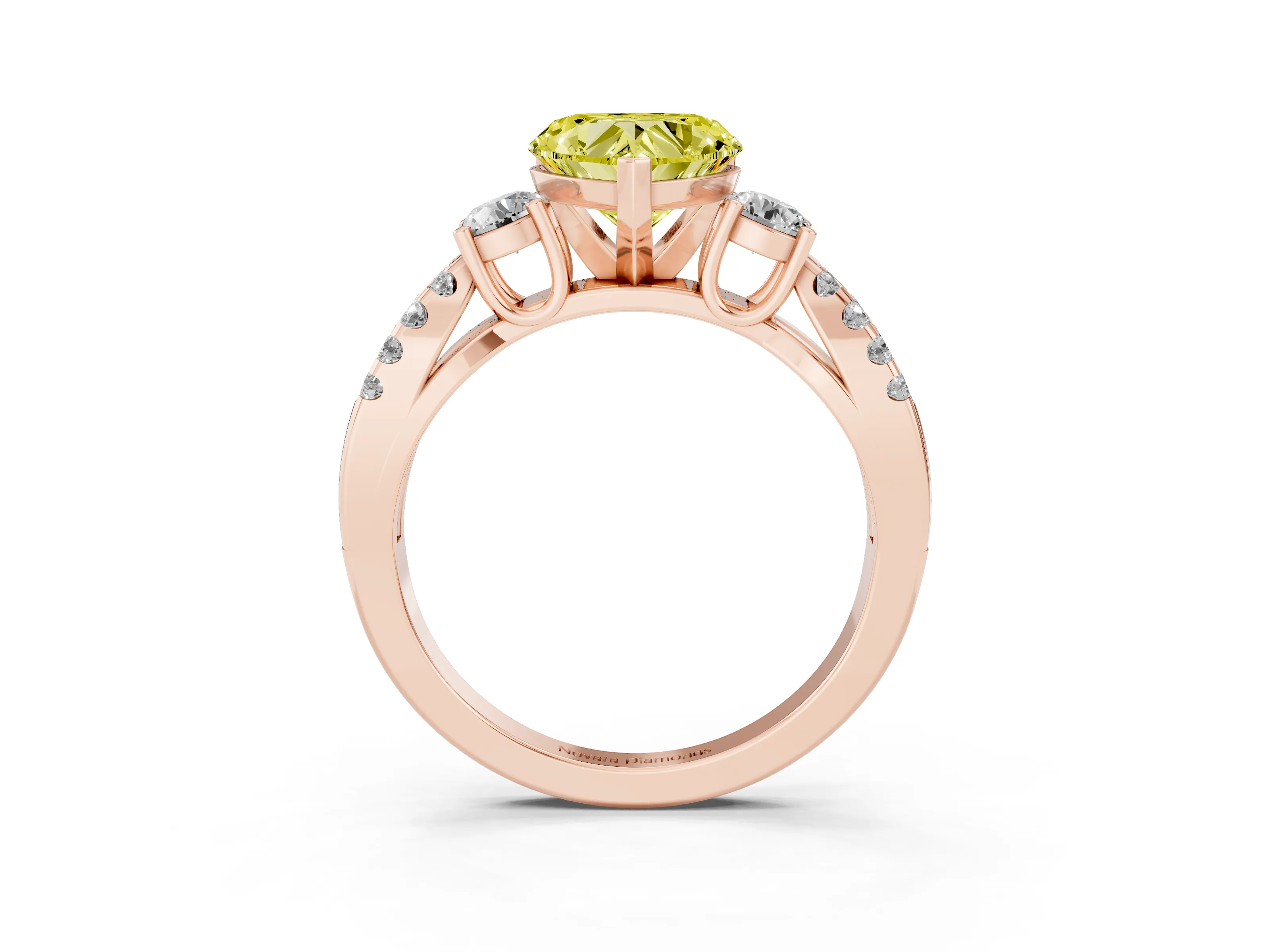 Fancy Yellow Heart Cut Diamond Three-Stone Ring Set in Rose gold with Pavé Split Shank and Prong Setting