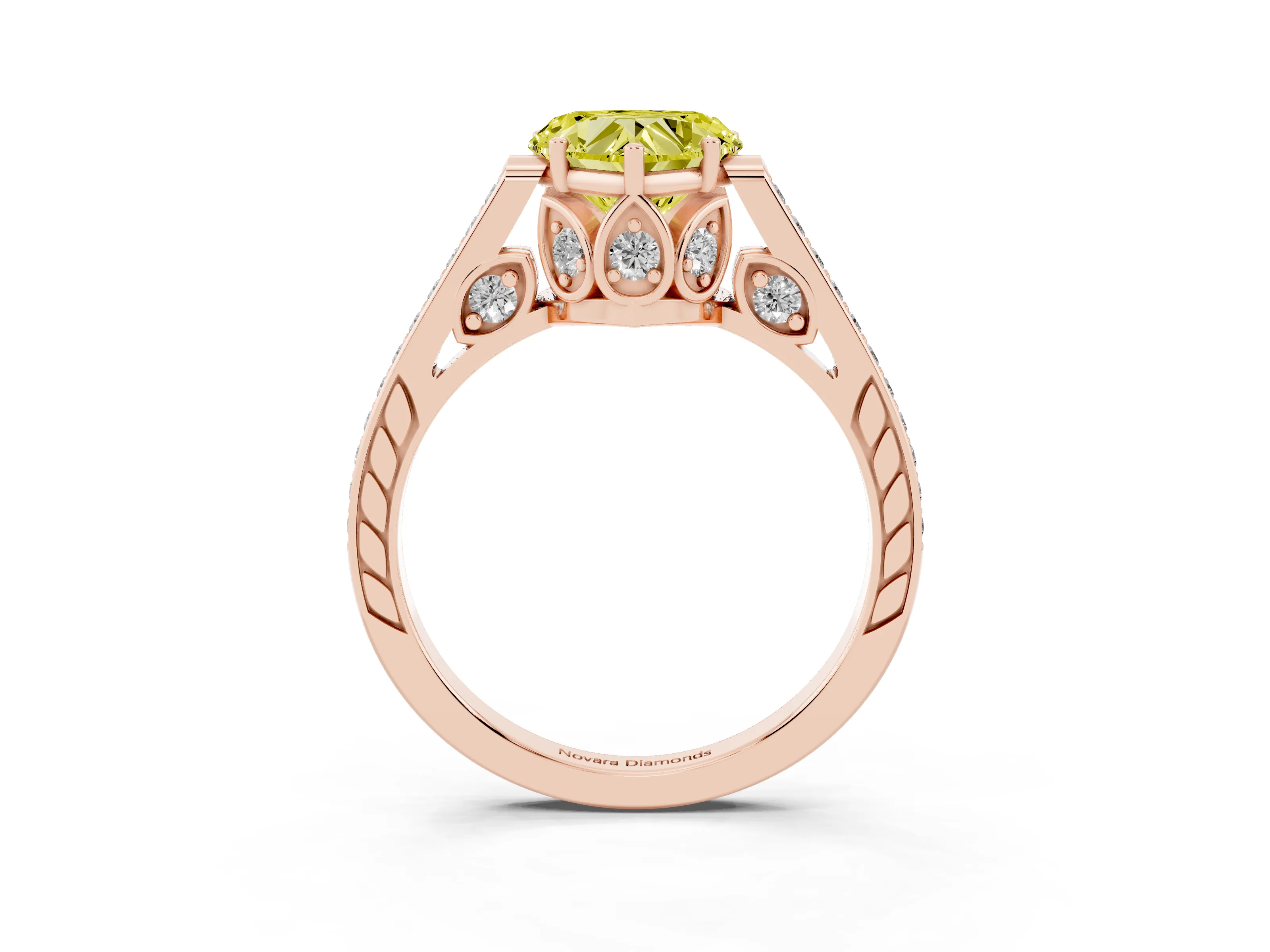 Fancy Yellow Heart Cut Diamond Cathedral Pavé Engagement Ring Set in Rose gold with Prong Setting