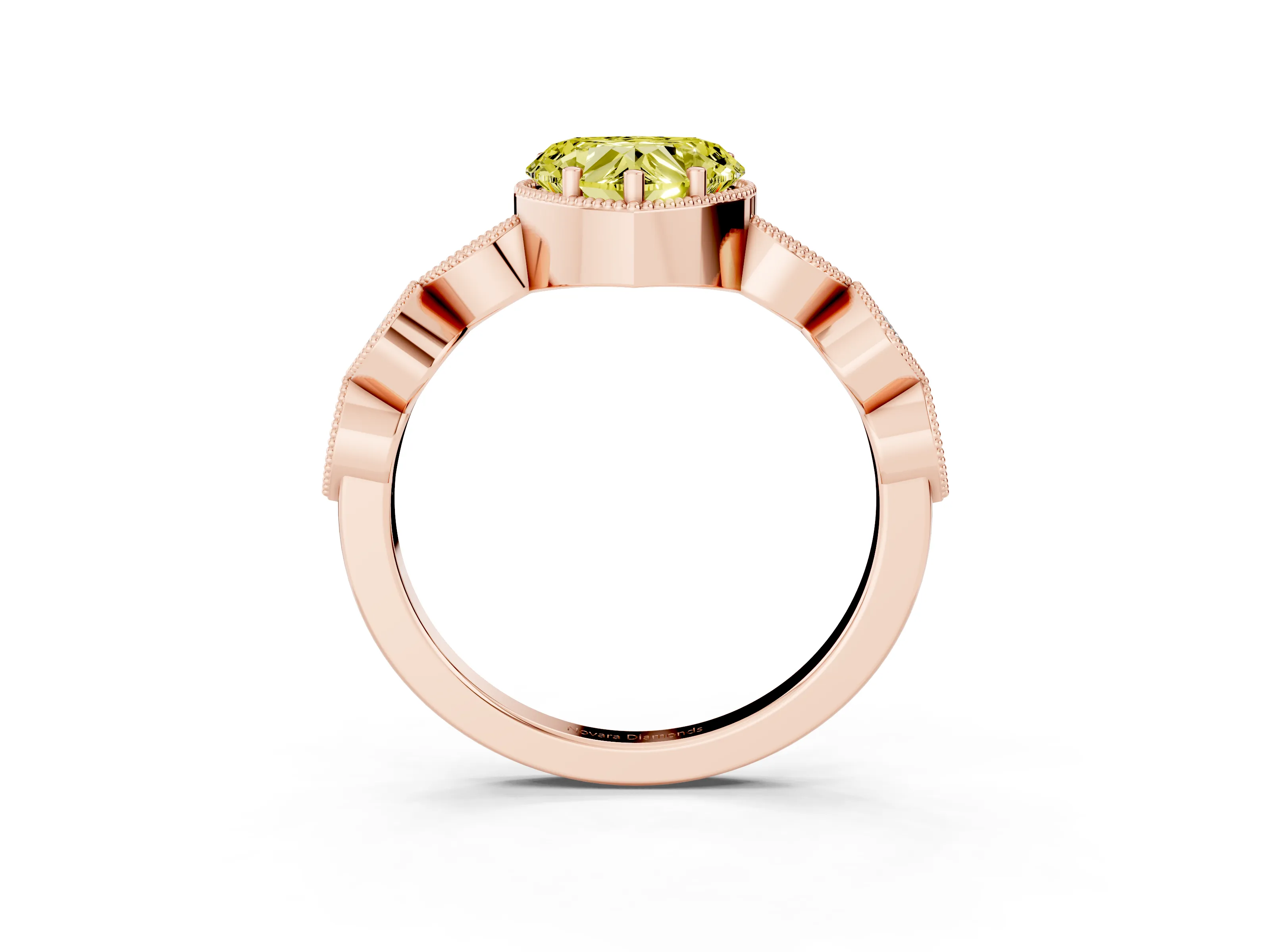 Fancy Yellow Heart Cut Diamond Vintage-Inspired Milgrain Ring Set in Rose gold with Marquise Stations of Round Accents