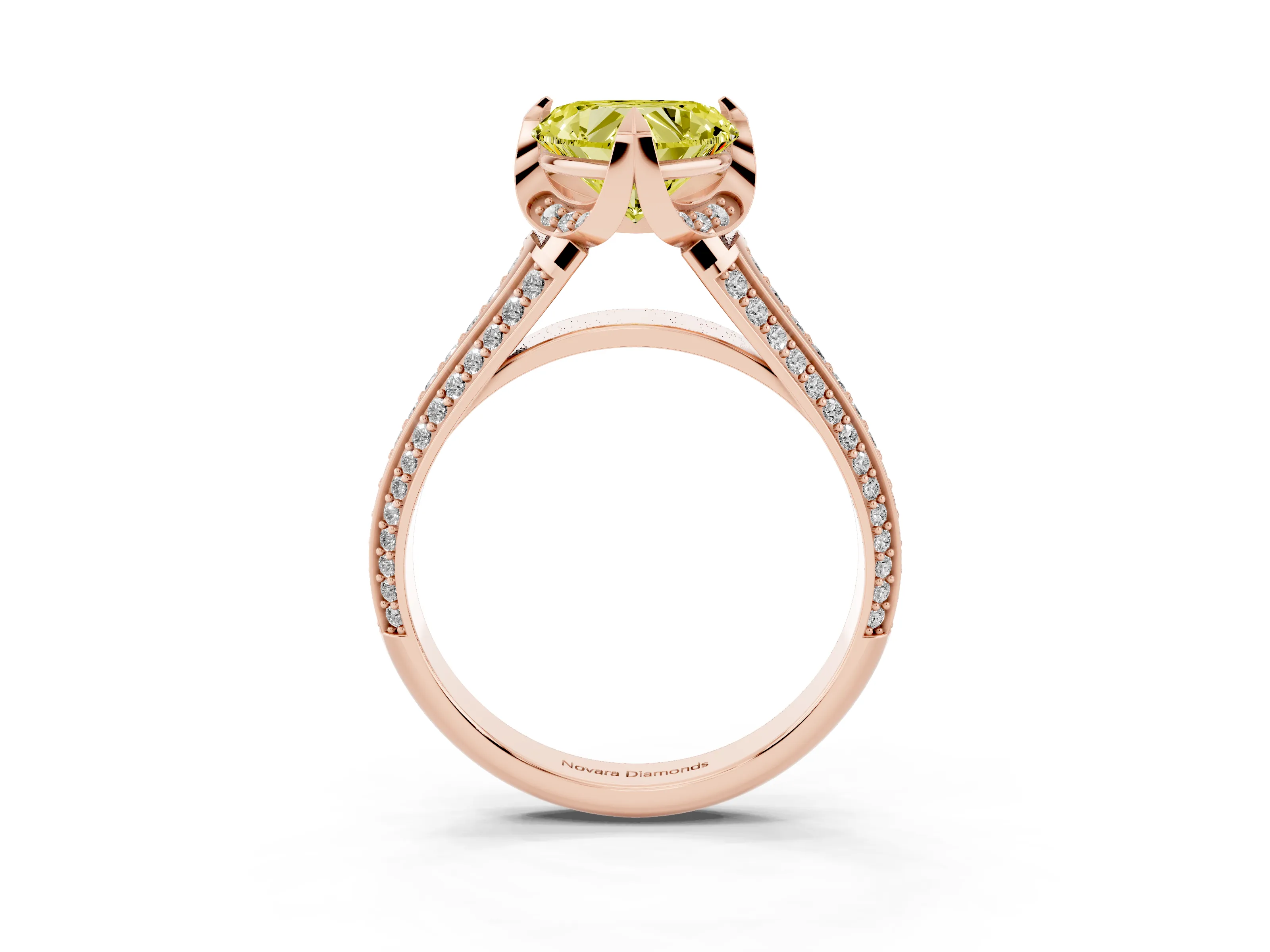 Fancy Yellow Heart Cut Diamond Pavé Split Shank Solitaire Ring Set in Rose gold with Prong Setting