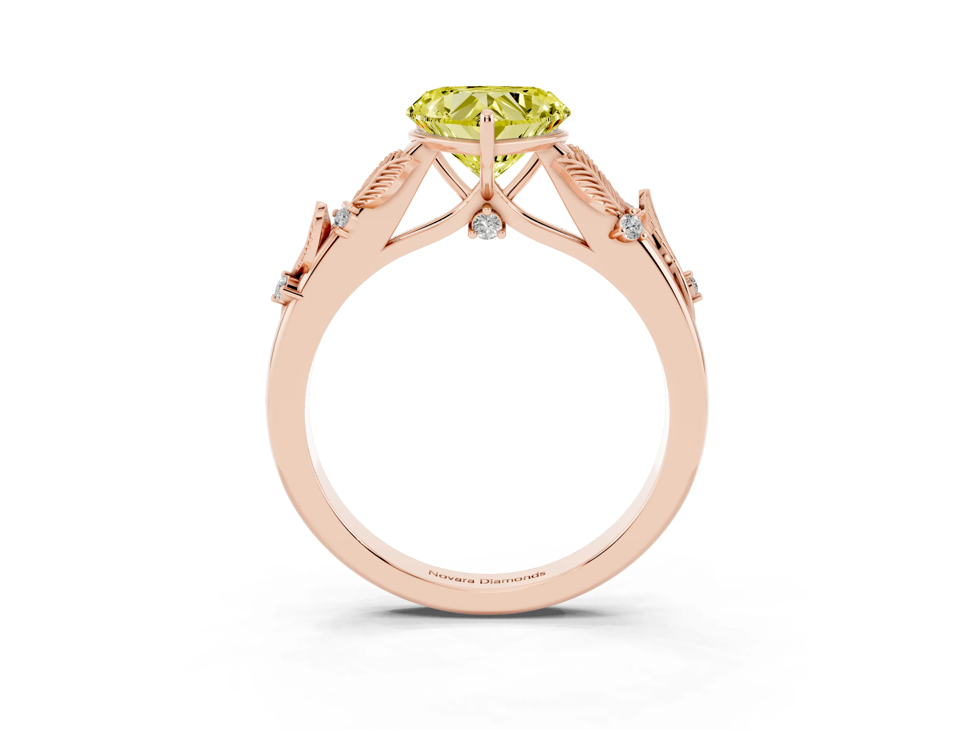 Fancy Yellow Heart Cut Diamond Solitaire Ring Set in Rose gold with Leaf Motif Band